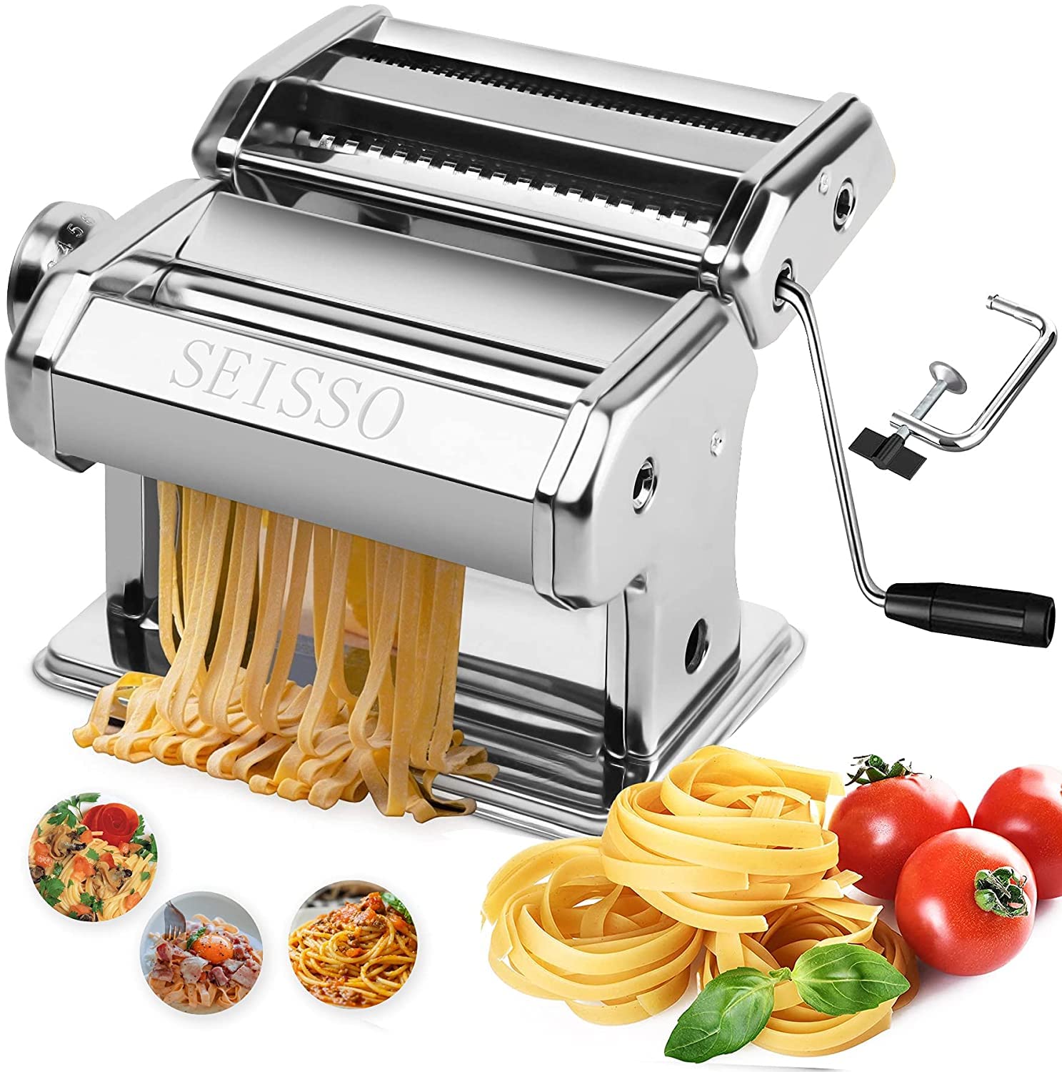 SEISSO Manual Pasta Maker Machine - Hand Crank Noodle Maker with 7 Adjustable Thickness Settings, Stainless Steel Rollers & Cutter for Homemade Spaghetti, Linguine - Perfect for Italian Cooking, Family Dinners & DIY Pasta Making at Home