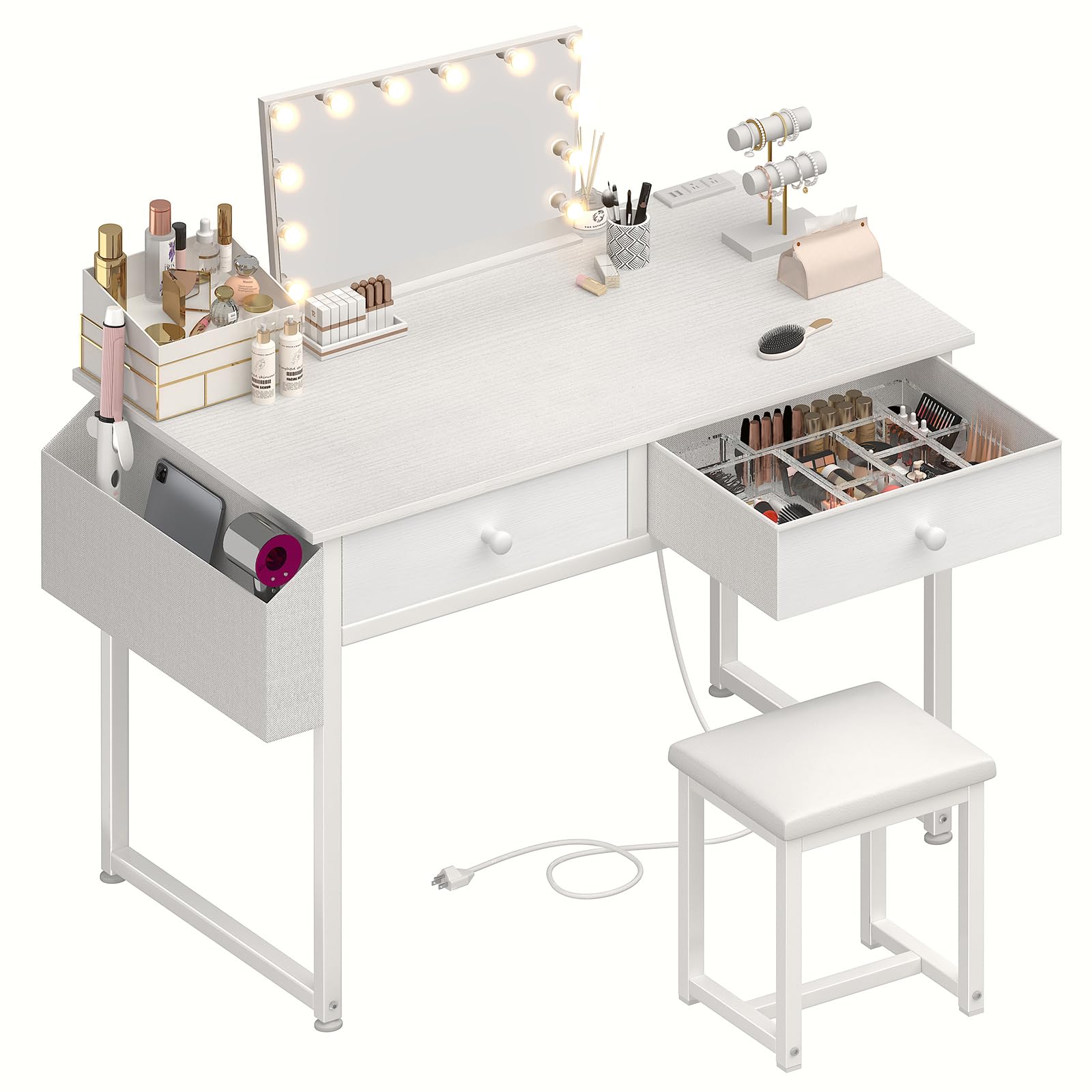 Modern White Makeup Vanity Desk Set with Fabric Drawers & Power Outlet - Small Dressing Table with Matching Chair for Girls Bedroom - Perfect for Beauty Routine, Cosmetics Storage & Bedroom Decor