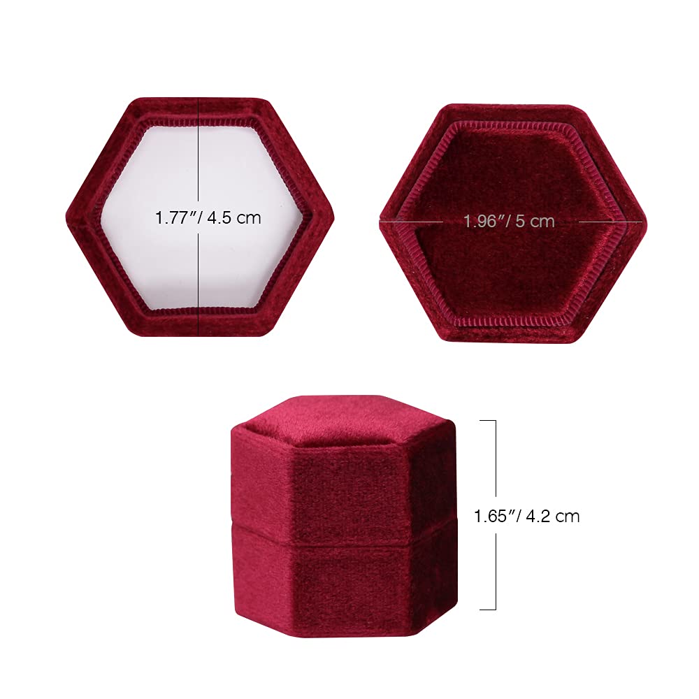 Hexagon Velvet Jewelry Box - Single Slot Ring Holder for Engagement Wedding Proposal - Keepsake Gift Box for Bridal Photos & Jewelry Storage (Red) - Perfect for Proposals, Anniversaries & Special Occasions