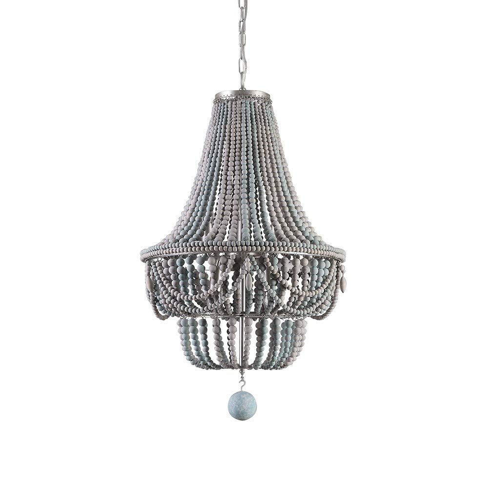 LOVEDIMA Wood Beaded Chandelier - Boho Empire Ceiling Light Fixture, Retro Classic 8-Light Pendant in Gray & Blue - Perfect for Dining Room, Bedroom, or Living Room Decoration