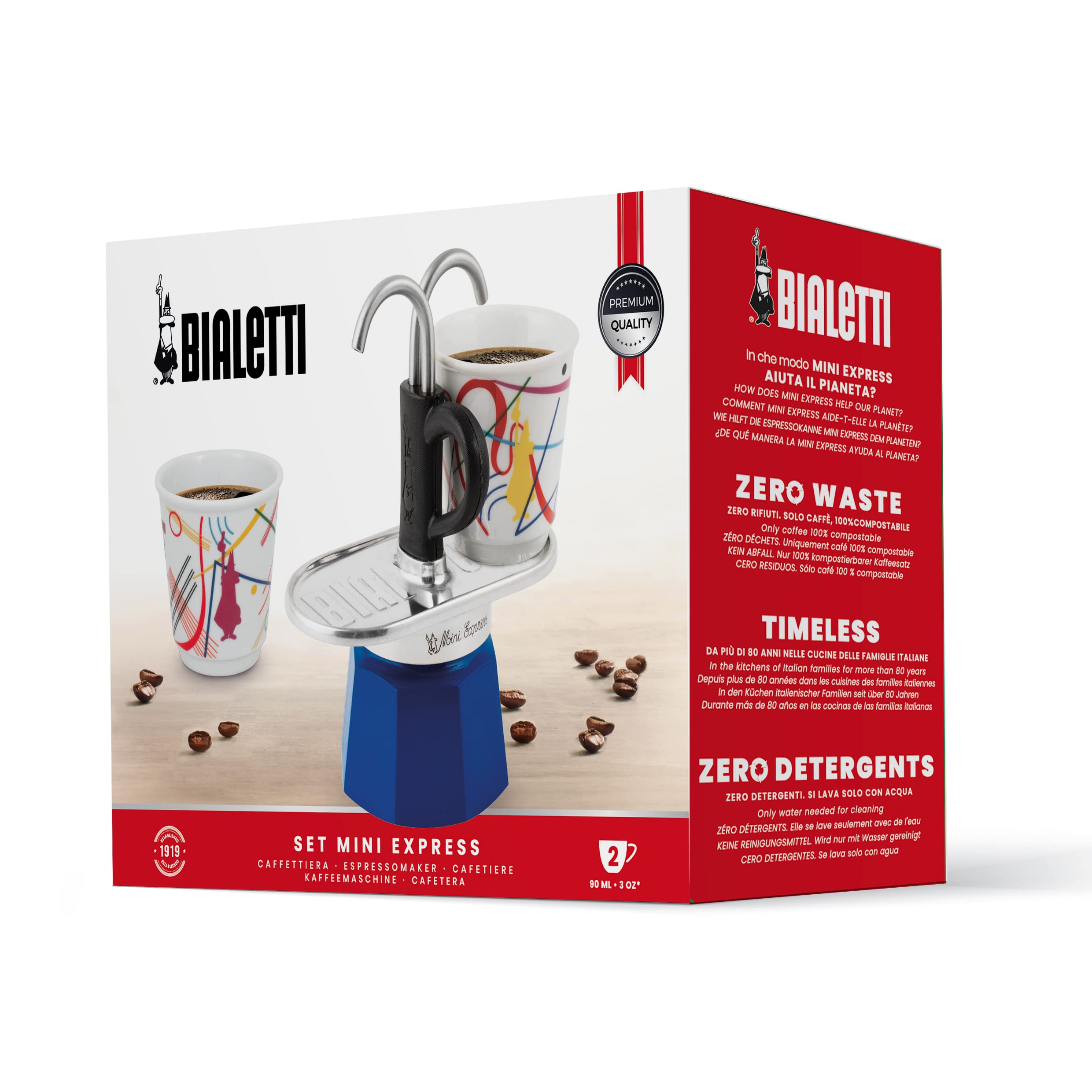 Bialetti Mini Express Kandinsky 2-Cup Moka Pot Coffee Maker - 2.8 Oz Aluminum Stovetop Espresso Maker with 2 Shot Glasses, Light Blue - Perfect for Home, Office & Camping Coffee Brewing