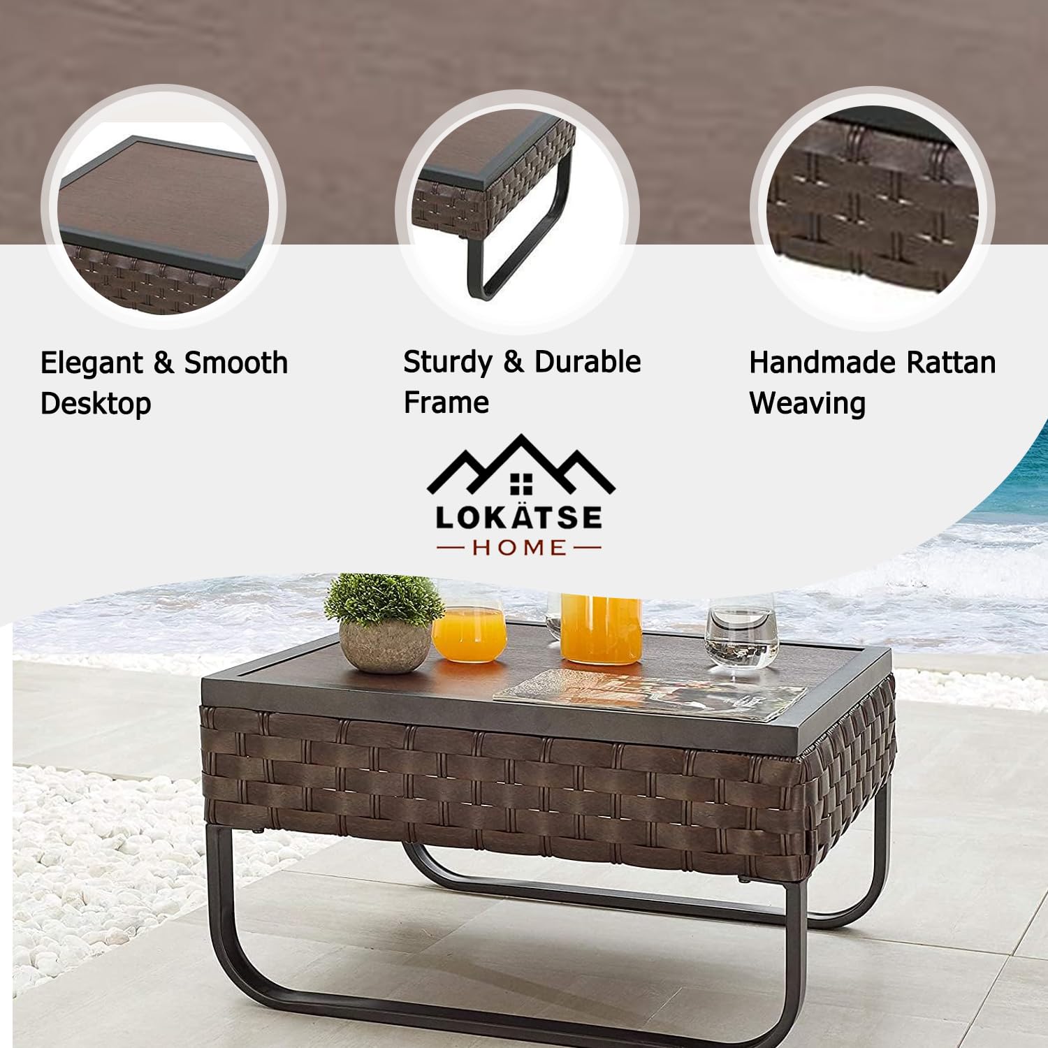 LOKATSE HOME Outdoor Square Bistro Table - Rattan Wicker Coffee Side Table with Metal Frame & Wood Grain Top - Brown - Perfect for Patio, Garden, Balcony Dining & Relaxing