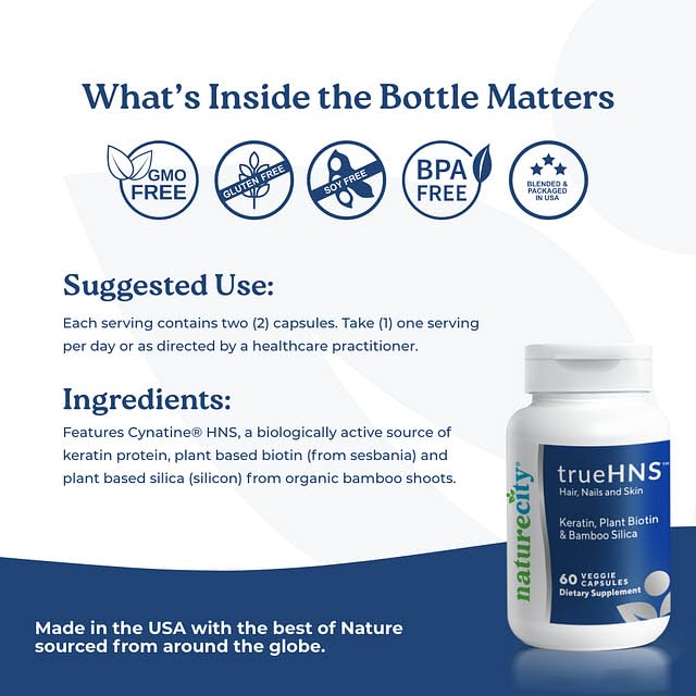 NatureCity True-HNS Hair, Nails & Skin Supplement with Cynatine Keratin & Plant-Based Biotin - 120 Vegan Capsules for Fuller, Stronger Hair & Nails | Non-GMO, Gluten-Free | Perfect for Daily Beauty & Wellness Routine
