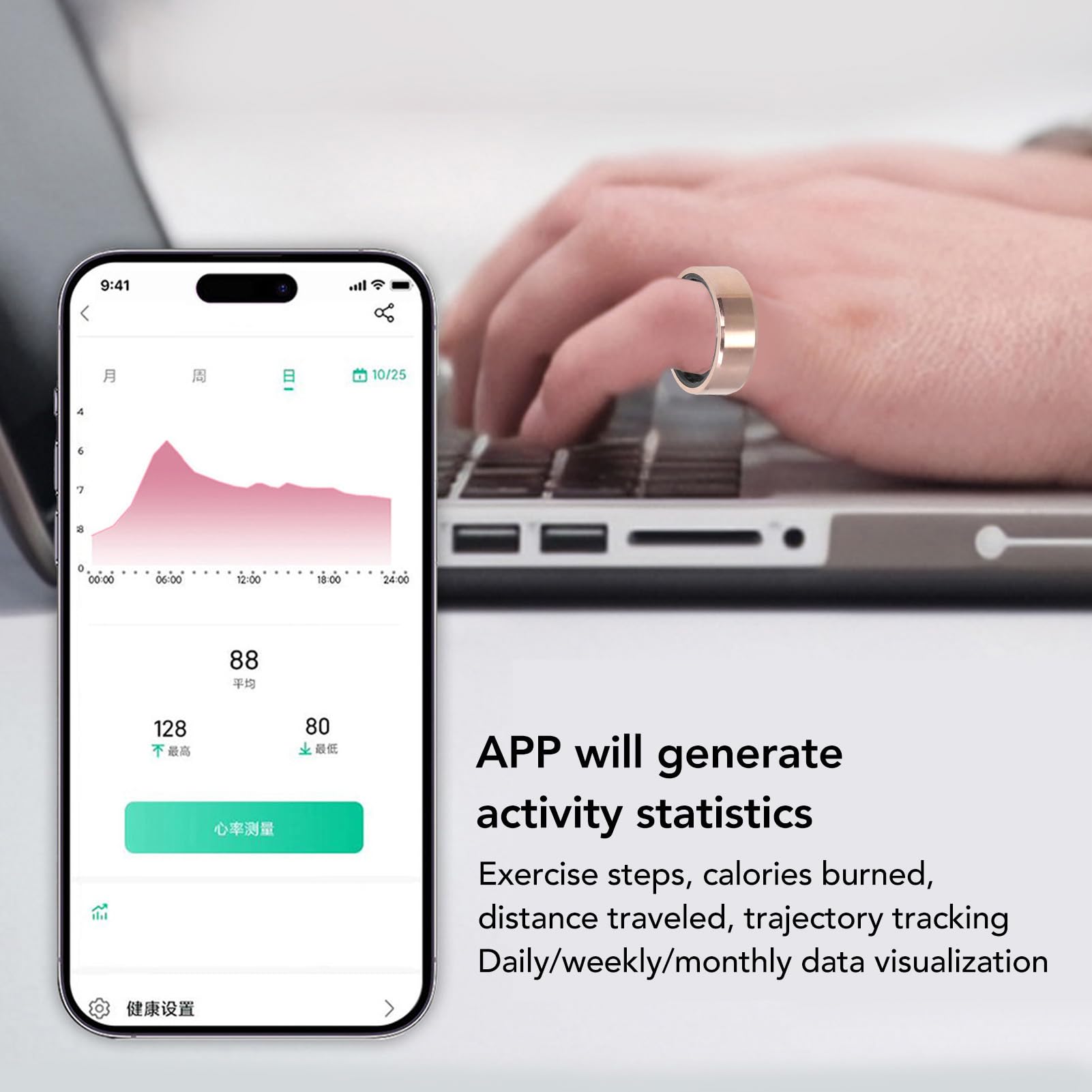Smart Ring with Health & Sleep Monitoring, Step Counter, IP68 Waterproof Fitness Tracker, Gold Sports Ring with Charging Cable - Perfect for Workouts, Sleep Tracking & Daily Activity Monitoring