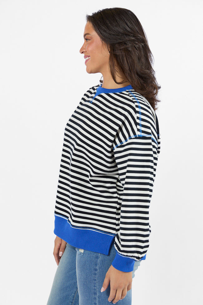 On A Dime Black and Blue Striped Sweatshirt for Women | Cozy Casual Pullover | Perfect for Fall & Winter Layering | FINAL SALE