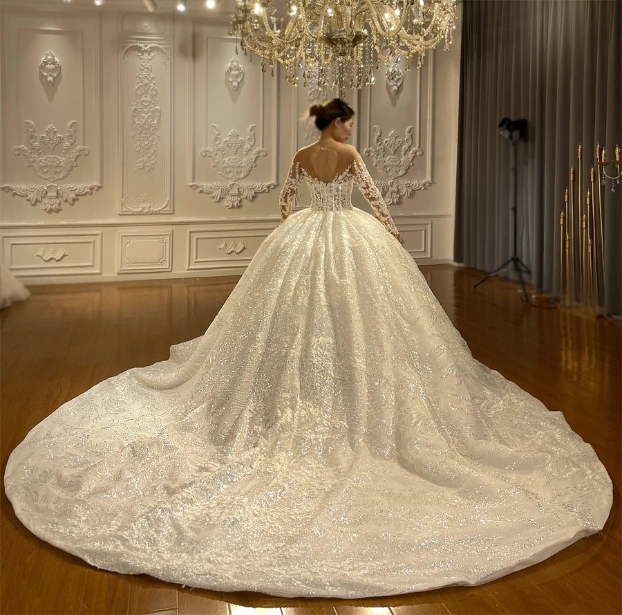 Elegant Long Sleeve Off-White Lace Ball Gown Wedding Dress - Luxury Bridal Gown for Romantic Ceremonies & Formal Events