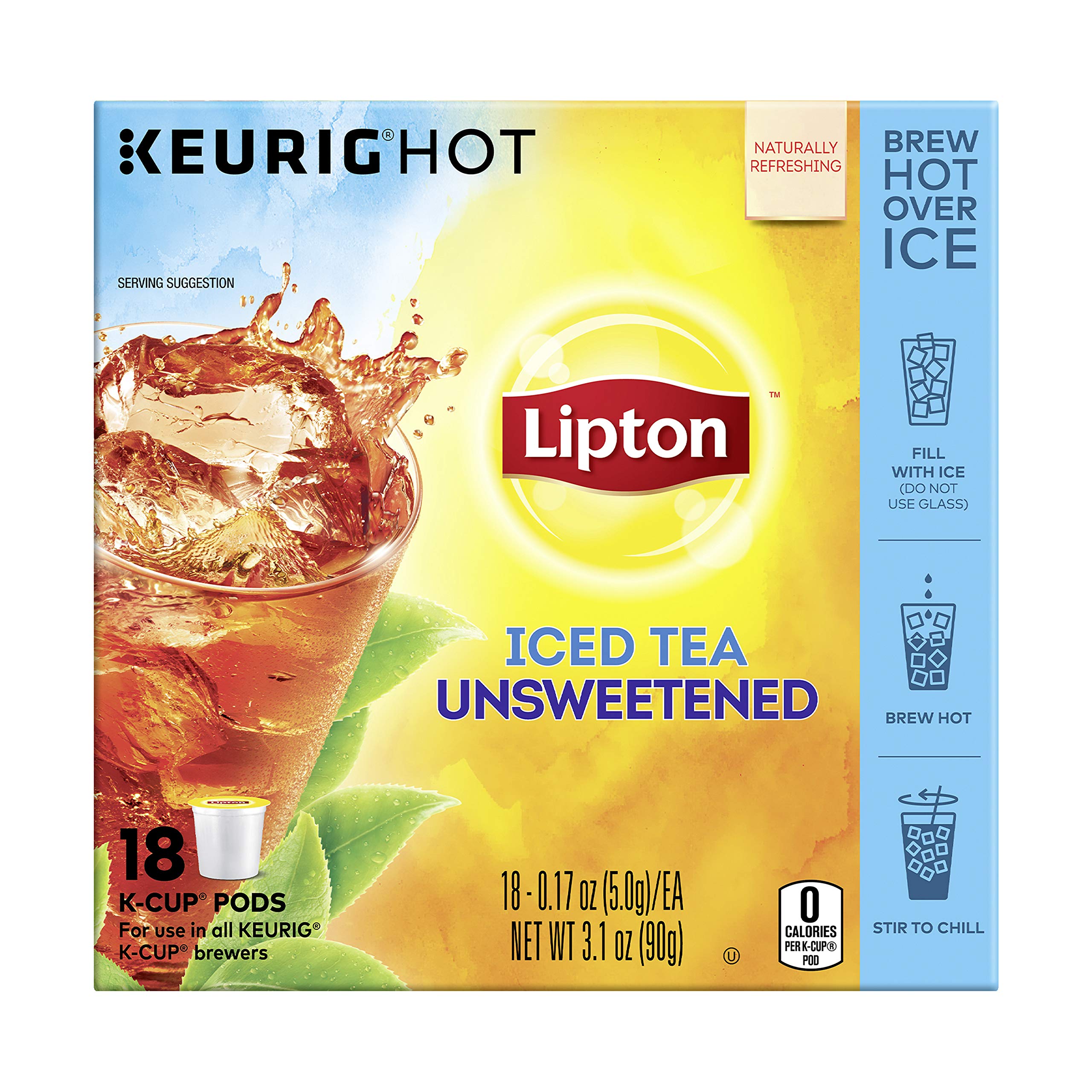 Lipton Unsweetened Iced Tea K-Cups - 18 Count (Pack of 4) | Refreshing Cold Brew for Summer, Office, or Home | Compatible with Keurig Machines