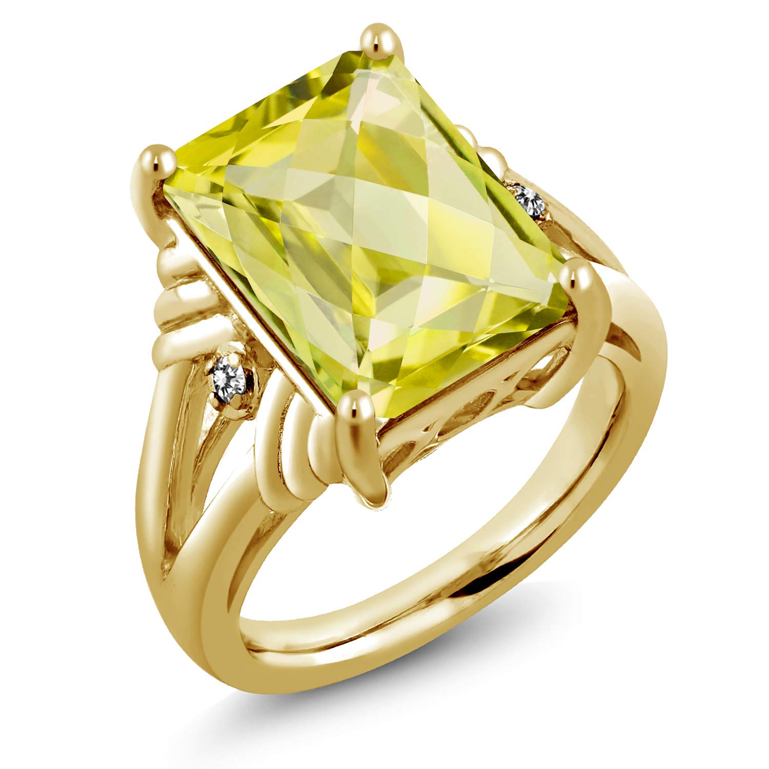 6.88 Ct Lemon Quartz & White Diamond Octagon Checkerboard Ring in 18K Gold Plated Silver | Gem Stone King | Elegant Jewelry for Women, Perfect for Weddings, Parties & Special Occasions