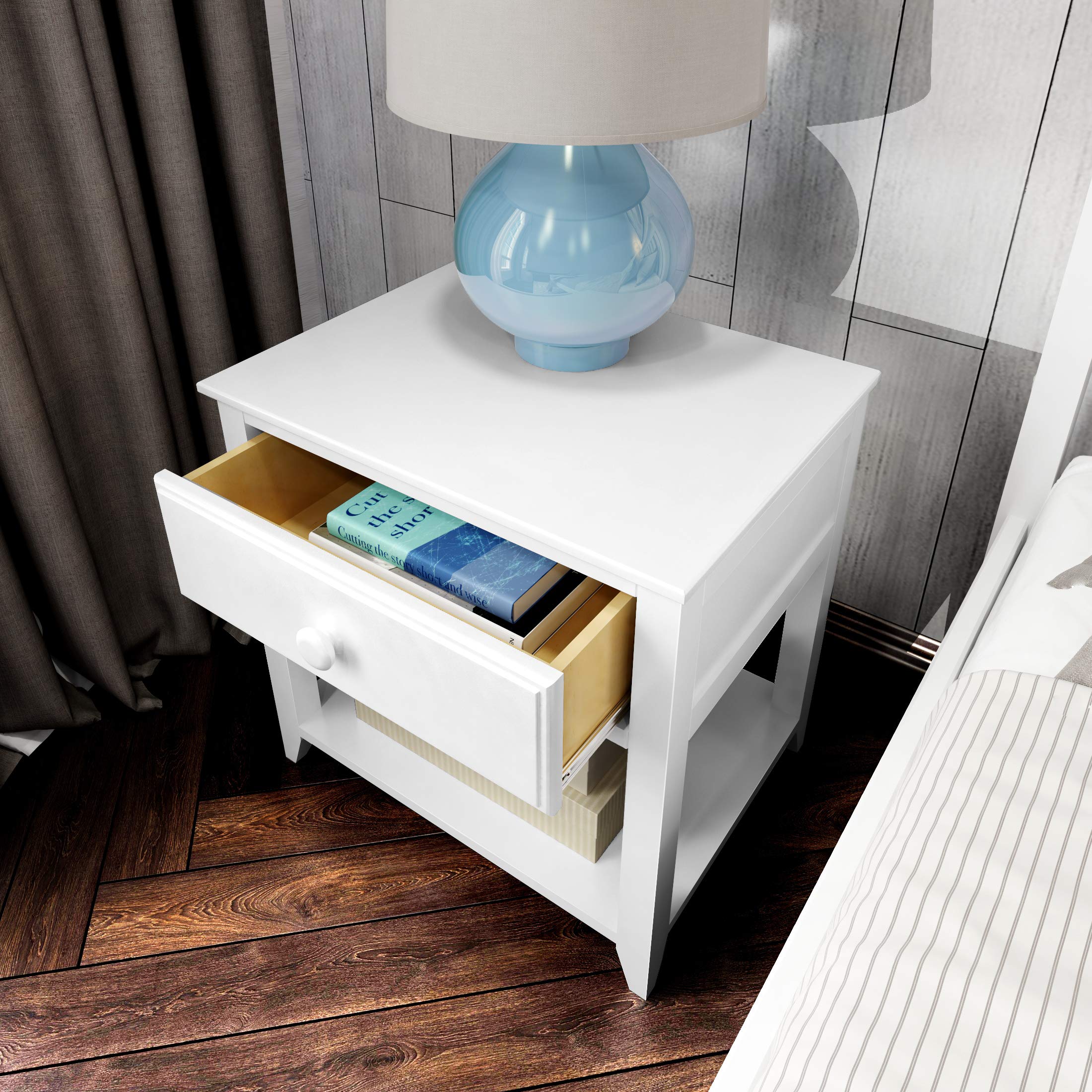 Plank+Beam White Nightstand with Drawer and Shelf - Modern Bedside Table for Bedroom, Living Room, or Guest Room - Sturdy Wooden Side Table with Storage Space