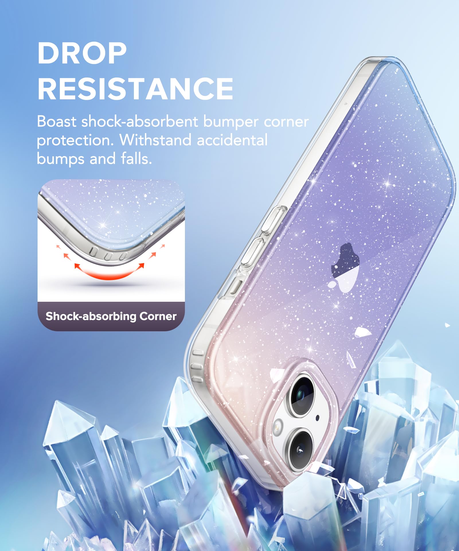 3 in 1 iPhone 15 Case with Screen Protector & Camera Lens Cover - Glitter Clear Slim Shockproof Phone Case for Women | 6.1 Inch Non-Yellowing Gradient Design | Perfect for Everyday Use, Work & Travel Protection