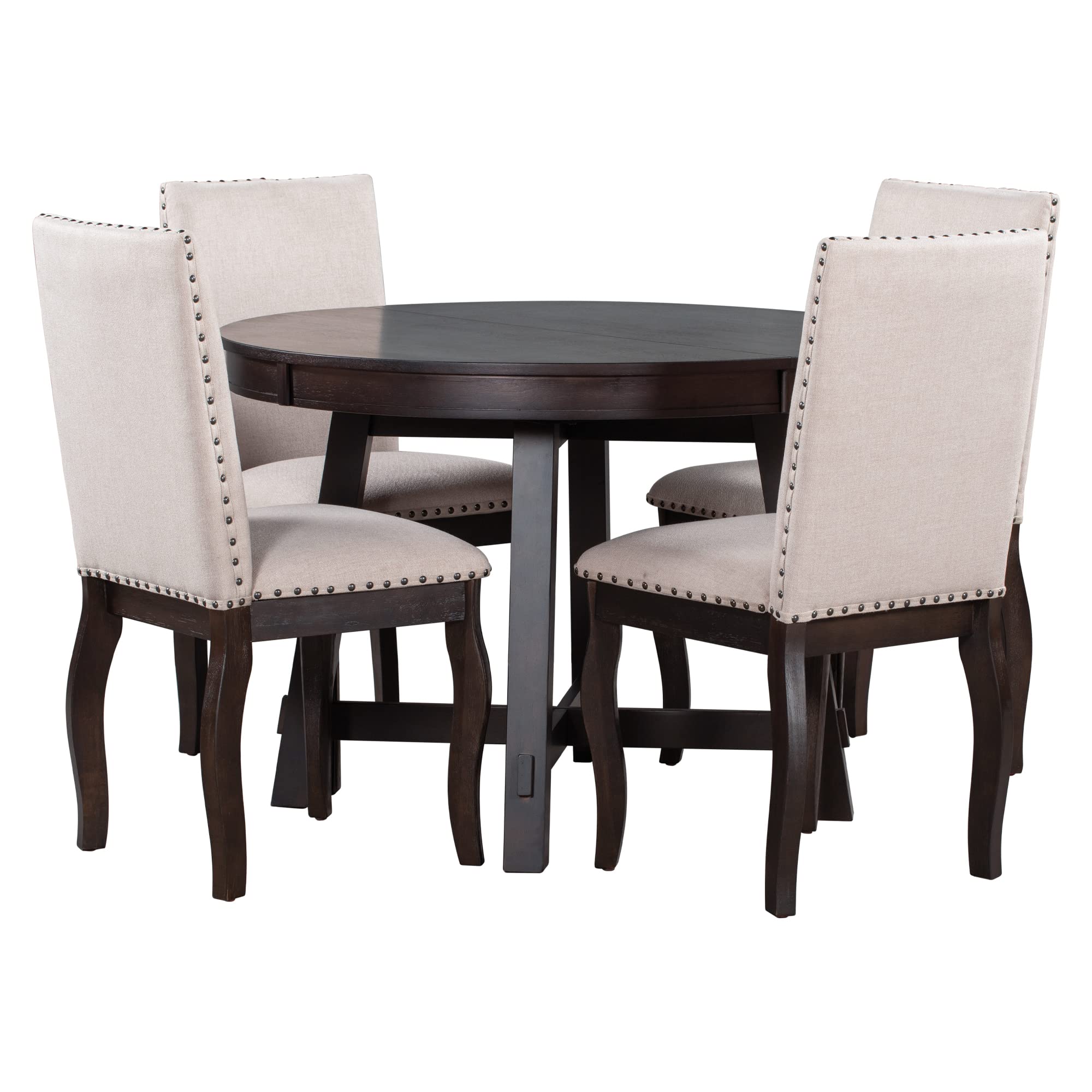 Quarte 5-Piece Farmhouse Dining Table Set - Extendable Round Wood Table with 4 Upholstered Chairs in Espresso, Perfect for Small Spaces, Family Gatherings & Cozy Meals