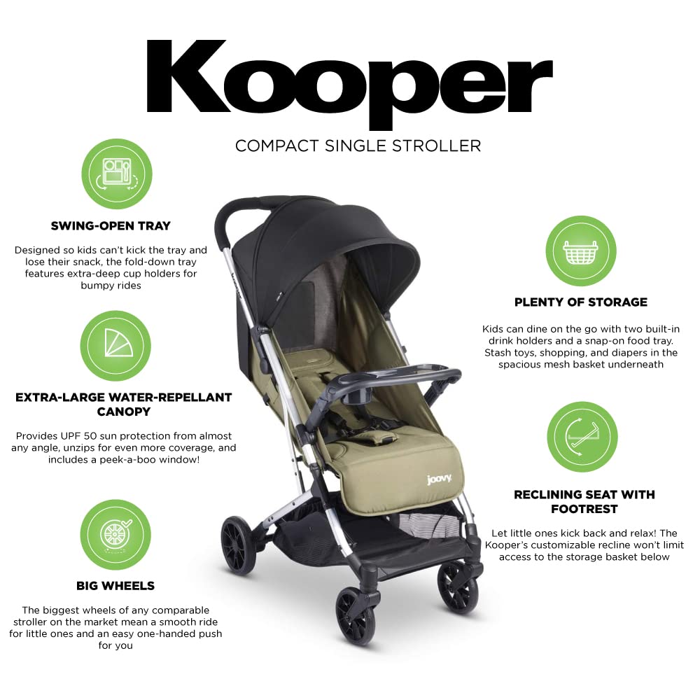 Joovy Kooper Lightweight Baby Stroller - Removable Swing-Open Tray, Big Wheels, Reclining Seat with Footrest, Extra-Large Canopy | Compact Fold for Travel & Daily Use | Perfect for Newborns to Toddlers (Olive Green)