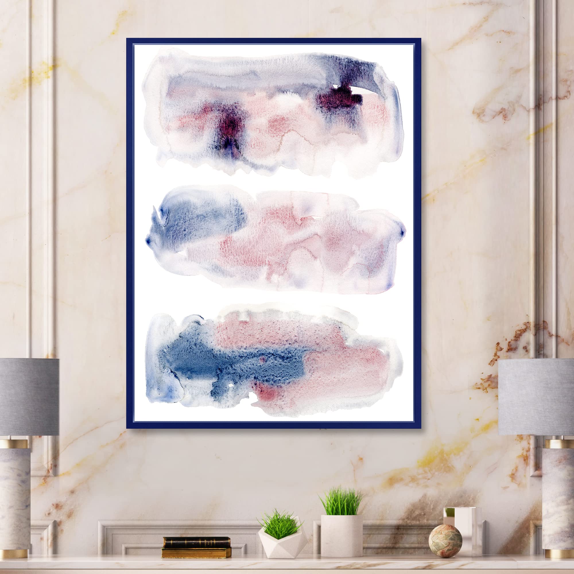DesignQ Pink and Blue Clouds With Beige Spots Modern Framed Canvas Wall Art Print - Home Decor, Living Room, Bedroom, Office Wall Art