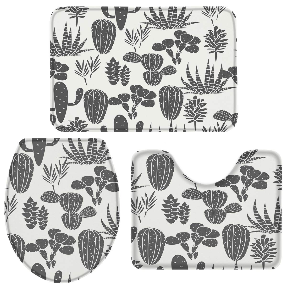 Queenker 3-Piece Bathroom Rug Set - Non-Slip Toilet Seat Cover, Cactus Print Contour Mat & Pedestal Rug - Soft Cotton Bath Mat for Modern Bathroom Decor - Perfect for Bathroom, Powder Room & Guest Toilet