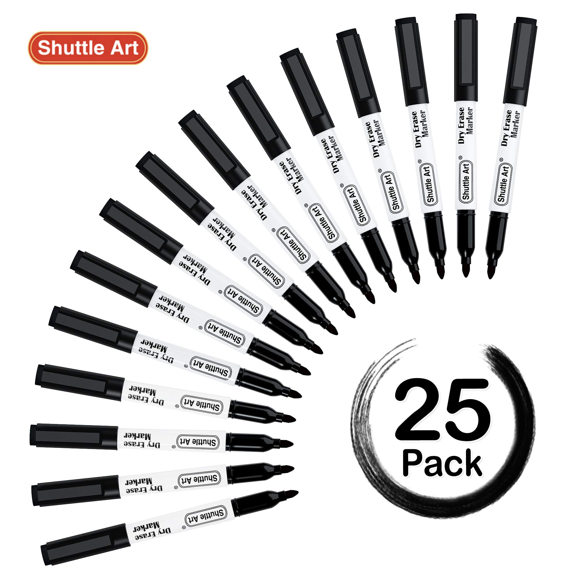 Shuttle Art 25 Pack Black Magnetic Dry Erase Markers with Eraser - Fine Point Whiteboard Markers for School, Office & Home - Perfect for Writing on Whiteboards, Mirrors, Glass & Magnetic Surfaces