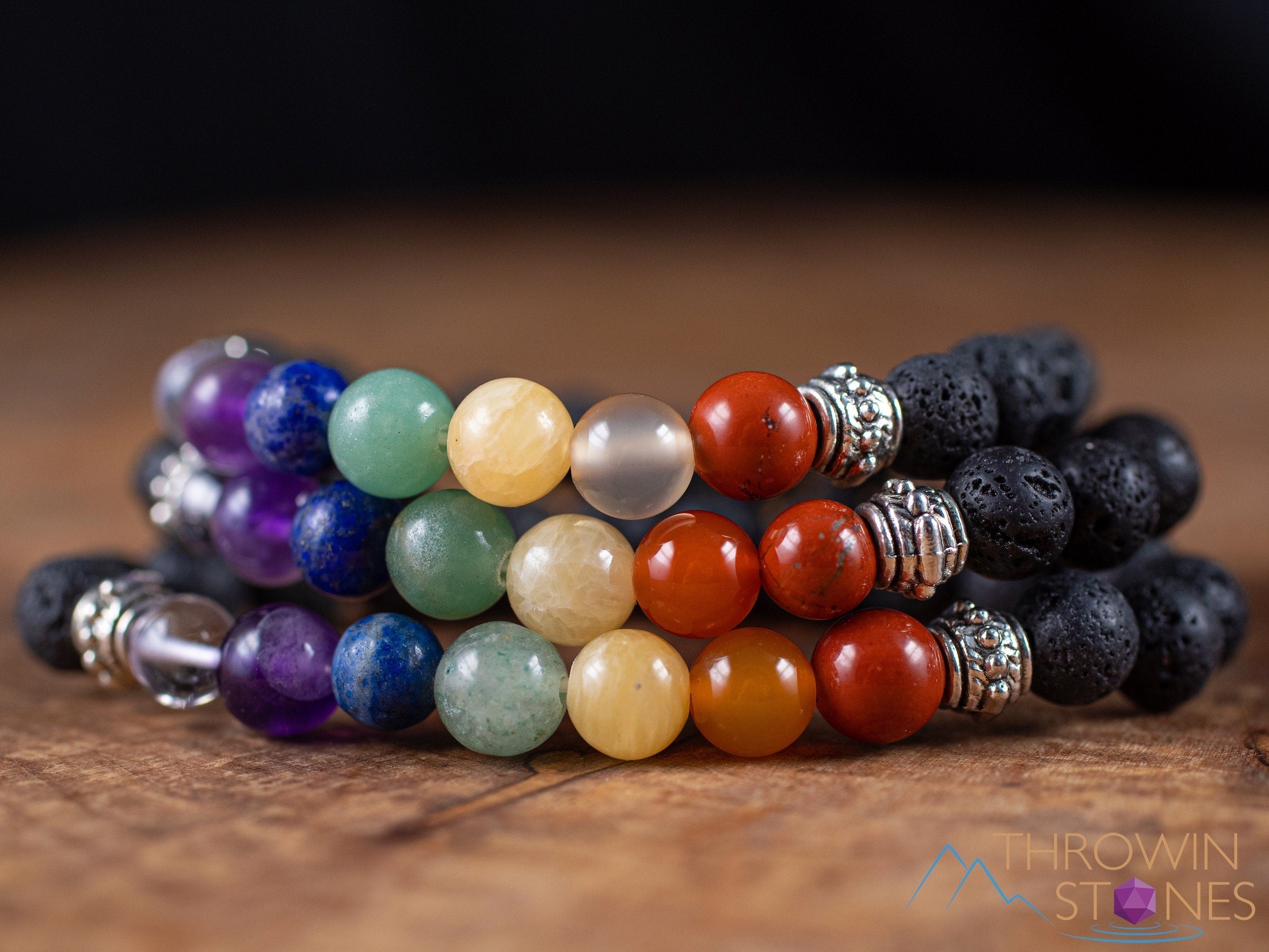 Chakra & Lava Rock Crystal Bracelet - Round Beads Aromatherapy Diffuser Bracelet, Handmade Healing Jewelry for Meditation, Yoga & Stress Relief (E1968)