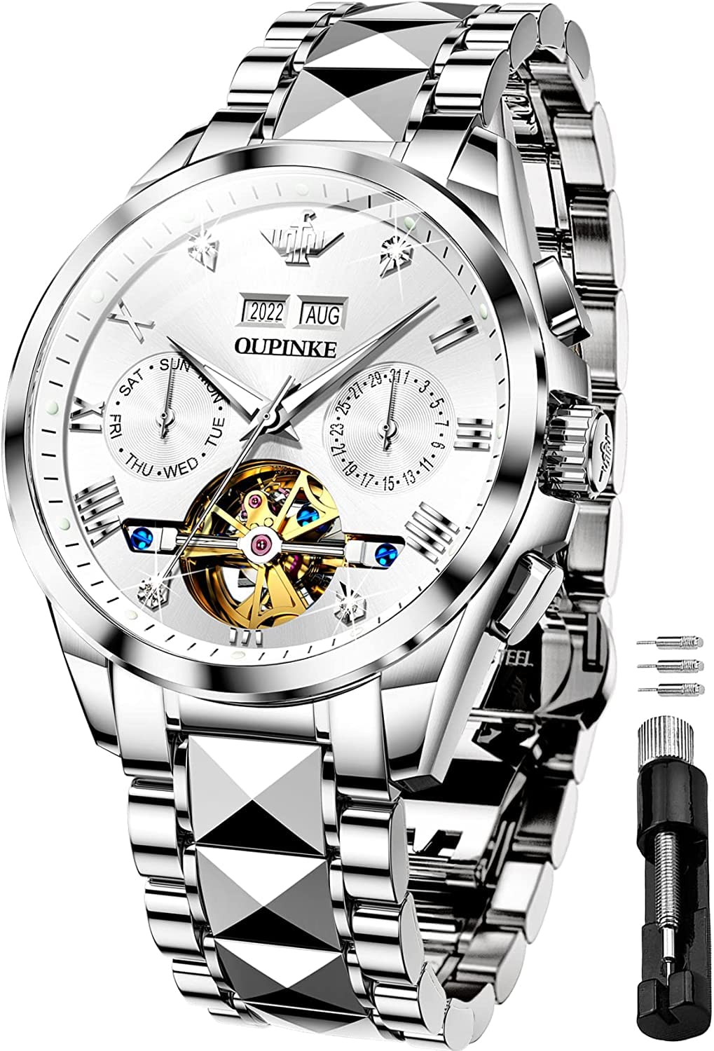 Premium Automatic Skeleton Self-Winding Dress Watch for Men - Waterproof Business Wristwatch with Luminous Tungsten Case - Perfect for Formal Events, Office Wear & Special Occasions