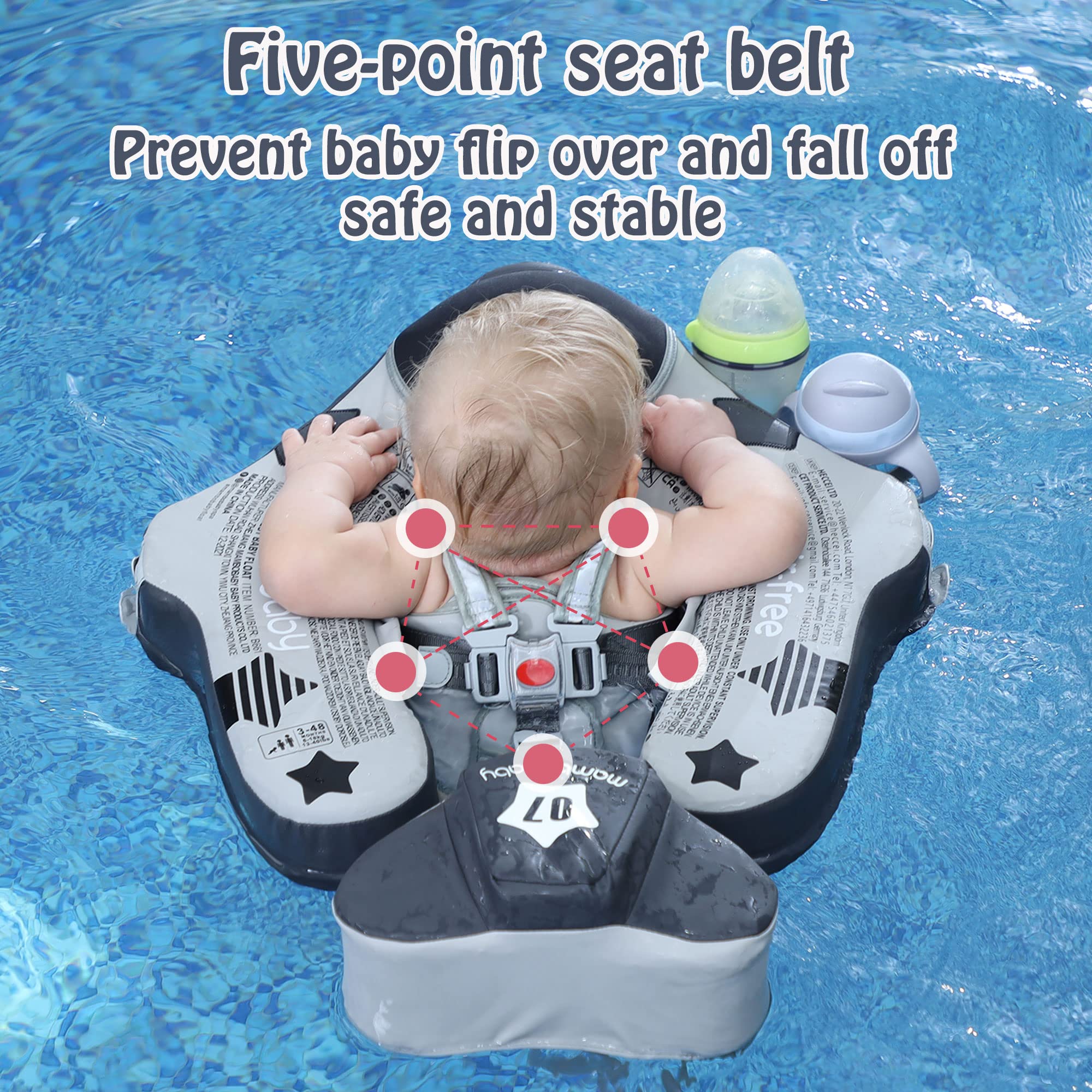Upgraded Mambobaby Float with Canopy & Adjustable Safety Strap - Non-Inflatable Infant Swim Trainer Waist Ring for Babies (Grey Airplane) - Perfect for Pool, Beach & Water Safety Training