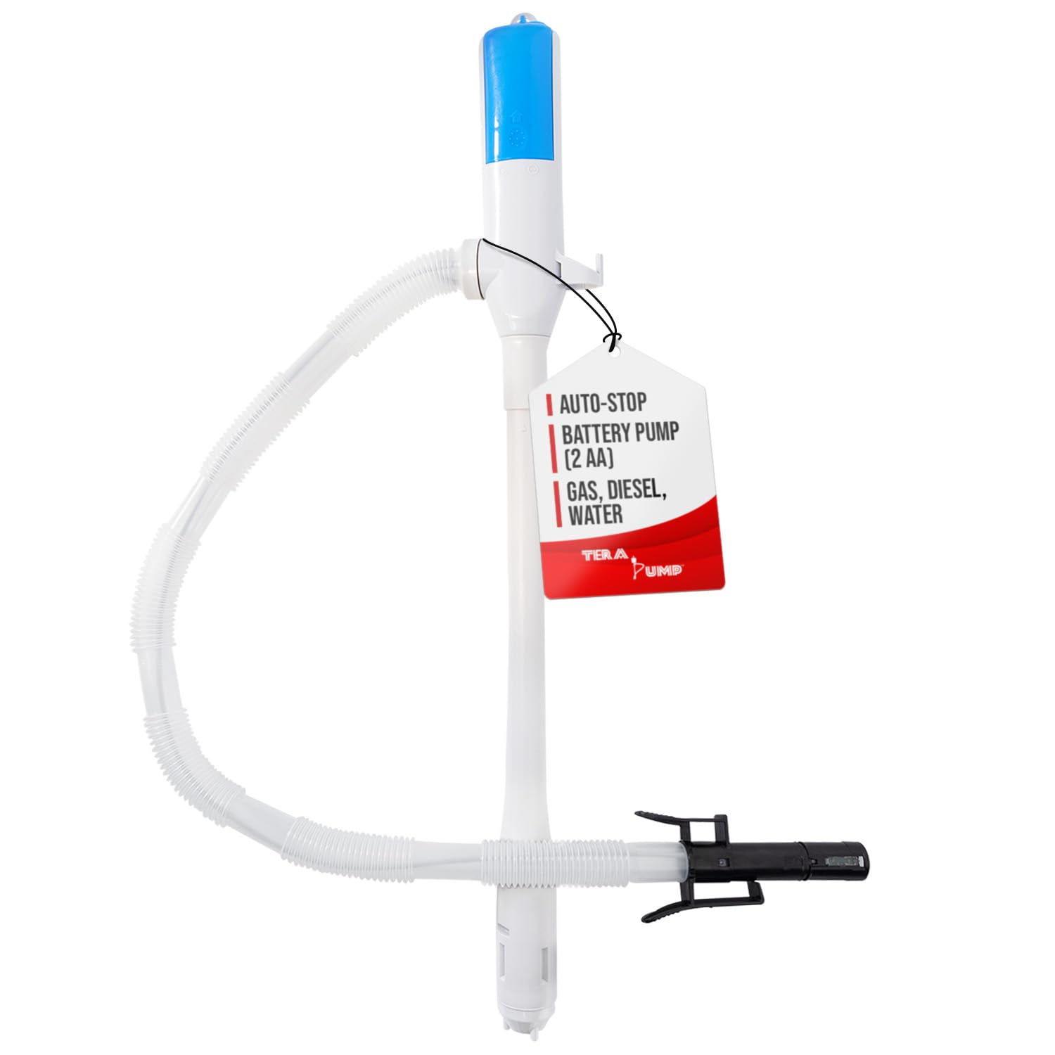 TERA PUMP TRHA03 Portable Battery Powered Transfer Pump for Water, Diesel, Gas - 9L/Min Flow Rate with Auto Stop & Leak Prevention System, Buzzer Alarm (2 AA Batteries Not Included) - Ideal for Draining Sinks, Tubs, Boats, RV Tanks and Emergency Fuel Transfer