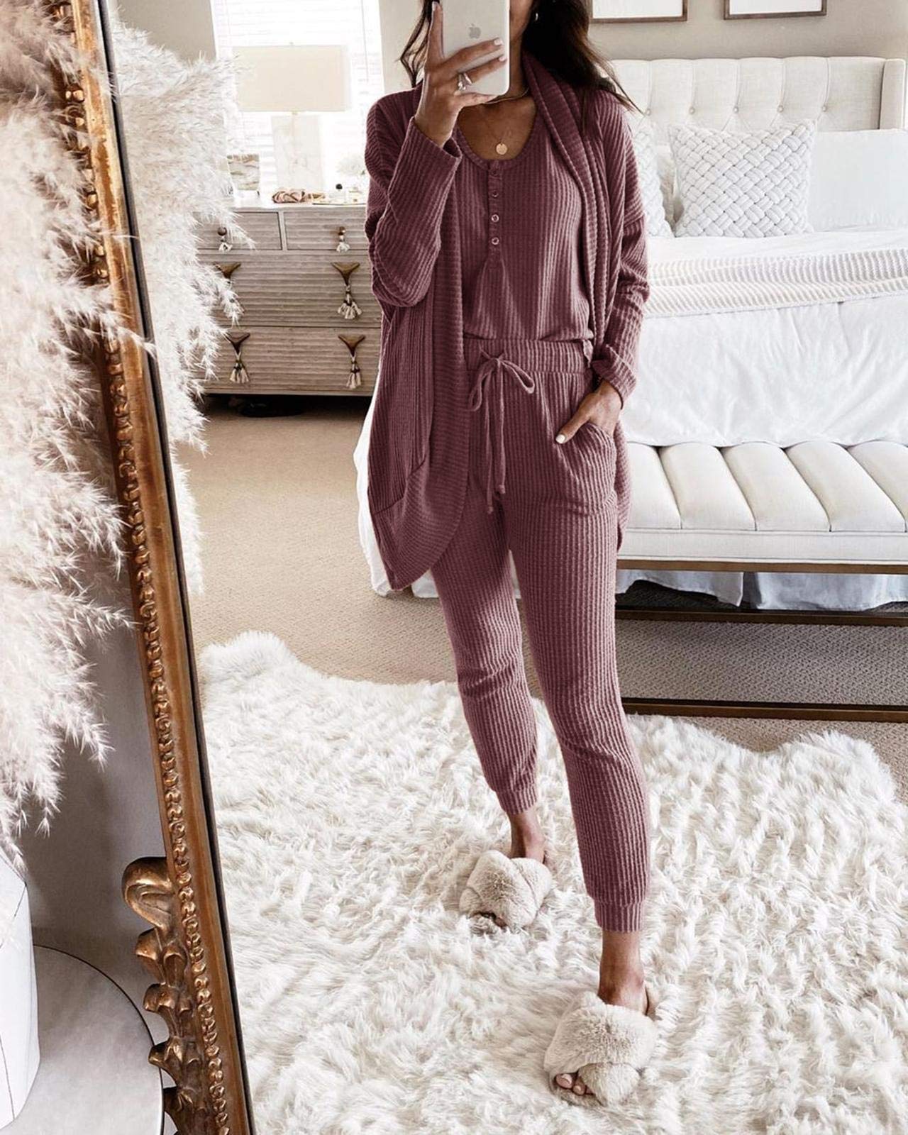 Fessceruna Women's Waffle Knit 3-Piece Lounge Set - Pajama Tank Top, Long Sleeve Cardigan & Pants - Soft Loungewear Outfit for Home, Sleep & Relaxation