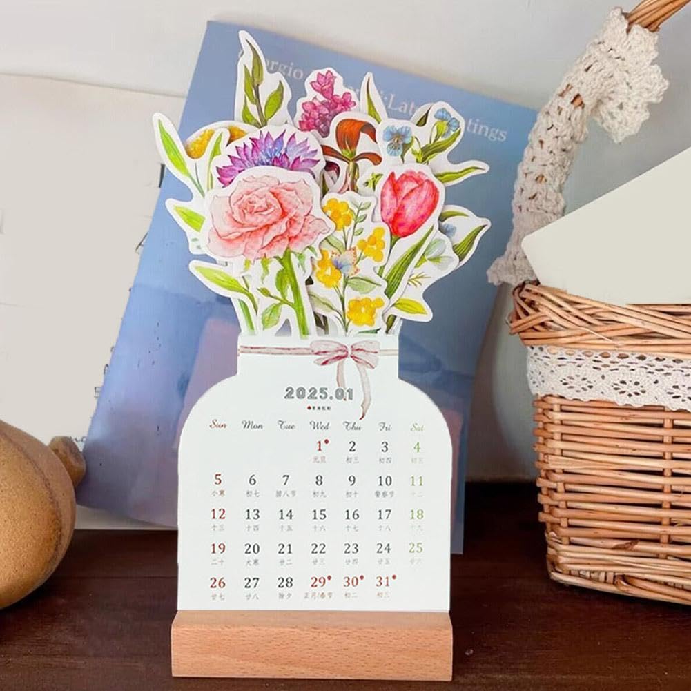 Bloomy Flowers Desk Calendar 2025 - Floral Monthly Planner with Wooden Stand & Removable Vase | Perfect for Home, Office, School & Gift Giving | Track Dates in Style with This Decorative Desktop Organizer