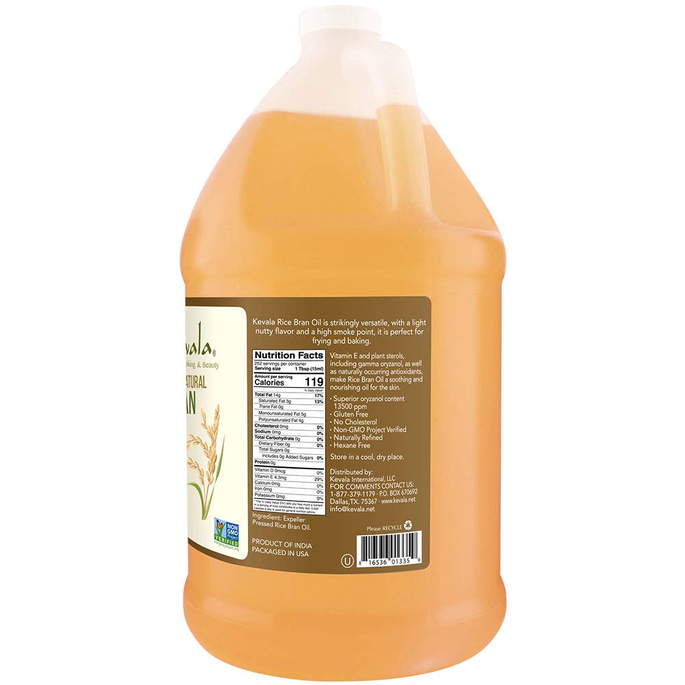 Kevala Non-GMO Rice Bran Oil - 1 Gallon (128 fl oz) - High Smoke Point Cooking Oil for Deep Frying, Stir-Frying & Baking - Healthy Heart-Friendly Kitchen Essential
