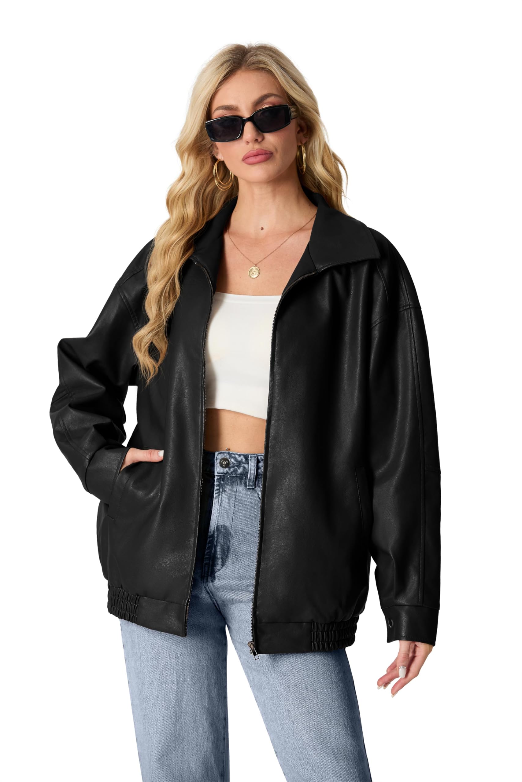 Lepunuo Women's Oversized Faux Leather Moto Biker Jacket - Stylish Y2K Streetwear Coat for Fall & Winter Fashion | Perfect for Casual Outings, Nightlife, and Urban Street Style