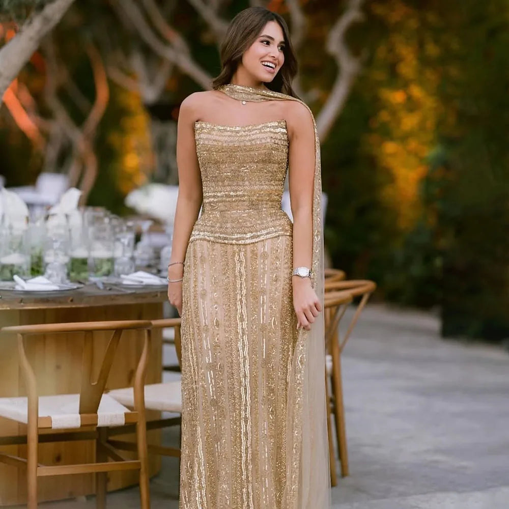 Elegant Beaded A-Line Evening Gown with Caramel Color - Perfect for Dubai Parties, Red Carpet Events & Formal Occasions | Style LA72873