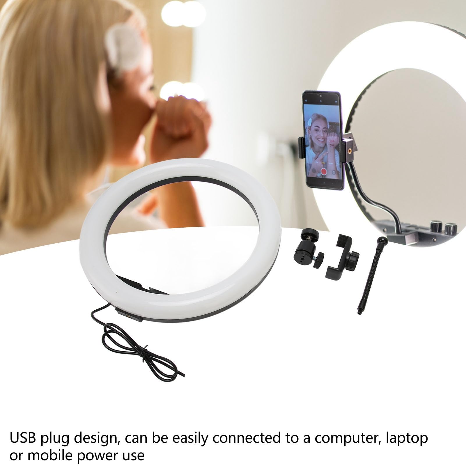 ANKROYU 13 Inch Selfie Ring Light with Tripod & Phone Holder - Adjustable LED Ring Light for Camera, Makeup, YouTube Videos & Live Streaming - USB Powered Lighting for Photography, TikTok & Video Calls