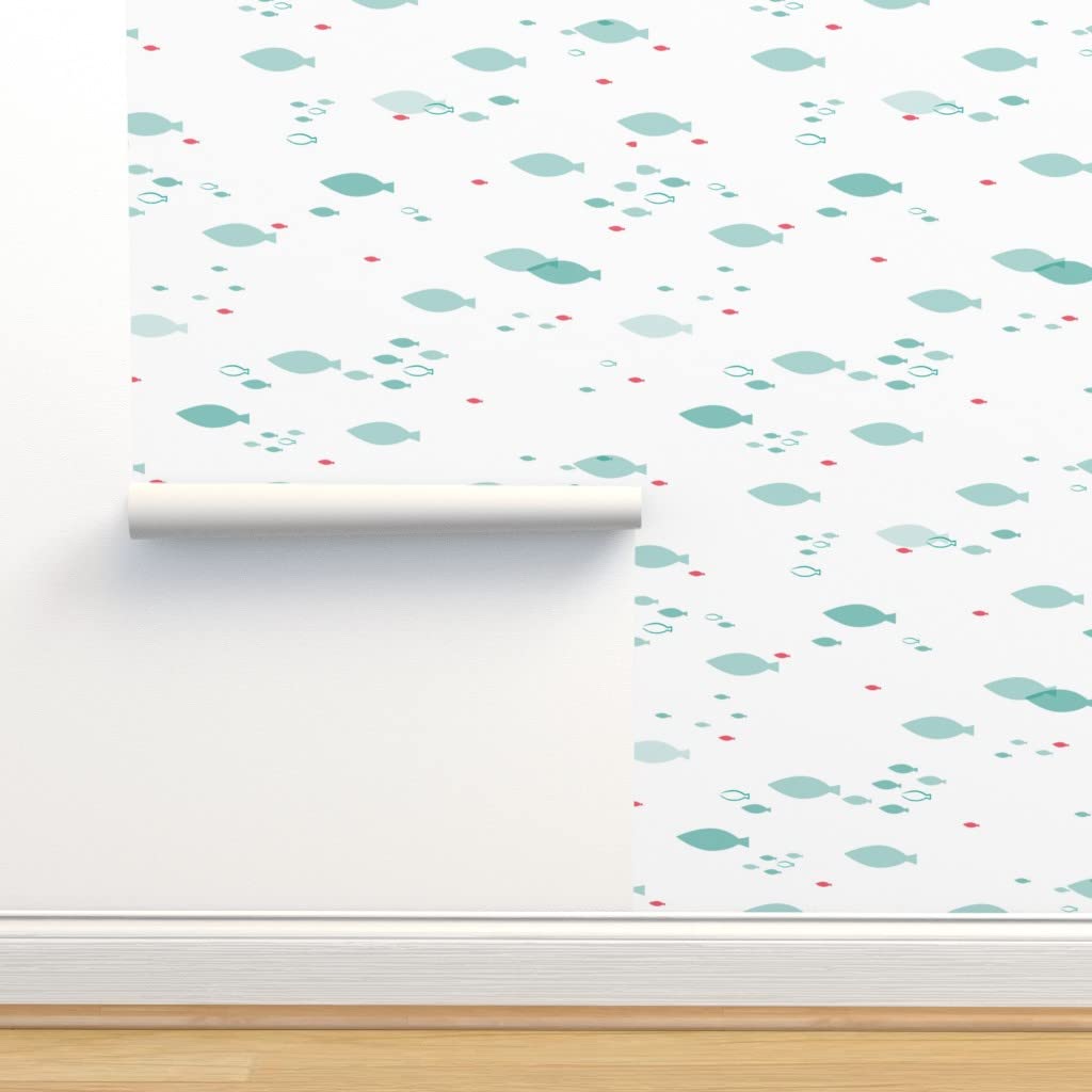 Premium Commercial Grade Wallpaper Roll 27ft x 2ft - Nautical Blue Watercolor Ocean Fish Design for Schools & Offices | Traditional Peel & Stick Wallpaper by Spoonflower | Perfect for Kids' Rooms, Bathrooms & Coastal-Themed Decor
