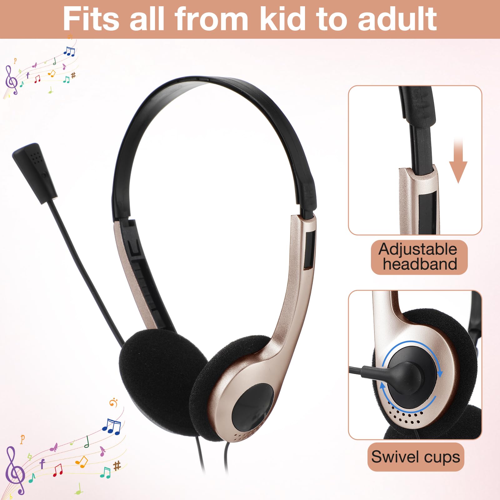 Yunsailing 30 Pack Kids Classroom Headphones with Microphone - Bulk School Headphones for Students, Lightweight Adjustable On-Ear Headphones with 3.5mm Jack (Rose Gold) - Perfect for Online Learning, School Computer Labs & Distance Education