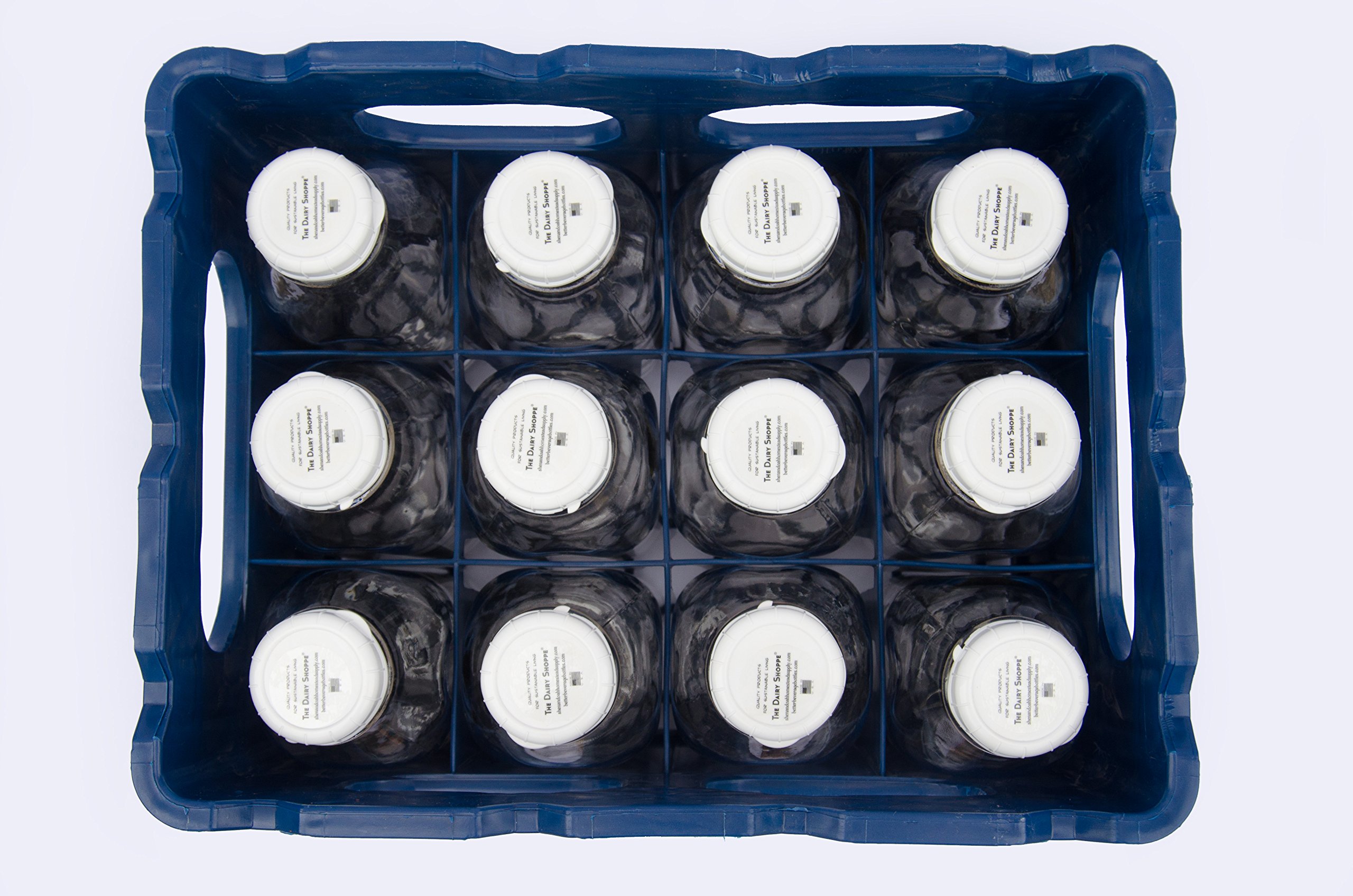 Commercial Duty Plastic Crates for Glass Milk Bottles - Set of 12 (1 Liter / 33.8 Oz) with Durable Storage Crate - Perfect for Dairy Farms, Restaurants & Bulk Beverage Storage