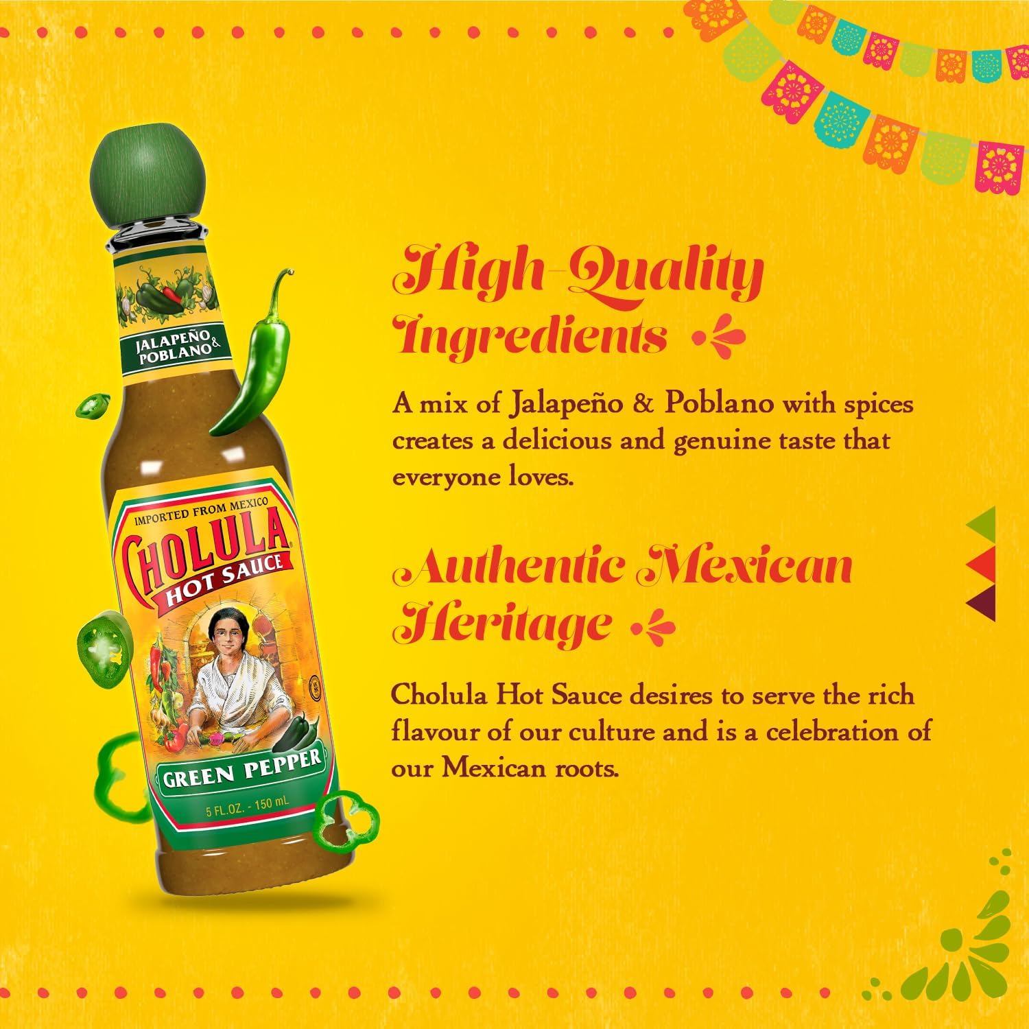 Cholulas Green Pepper Hot Sauce 5 oz (Pack of 2) - Mild & Flavorful Mexican Hot Sauce for Tacos, Eggs & Grilled Meals - Packaged by Azeko for Freshness Protection