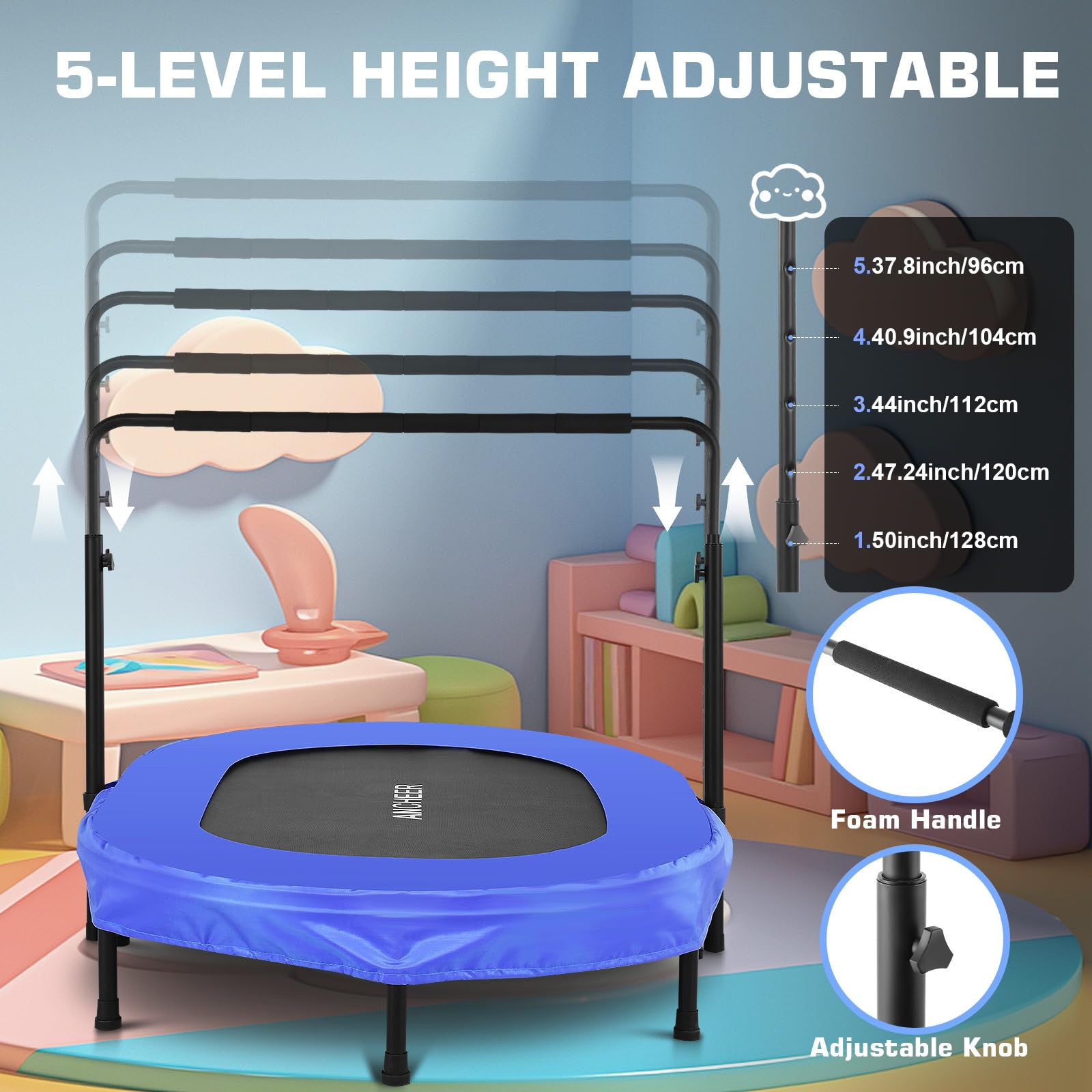 ANCHEER Foldable Mini Trampoline with Adjustable Handle - 220lbs Capacity Rebounder for Cardio, Indoor Exercise & Outdoor Fitness - Perfect for Home Gym, Garden Workouts & Parent-Child Fitness Activities