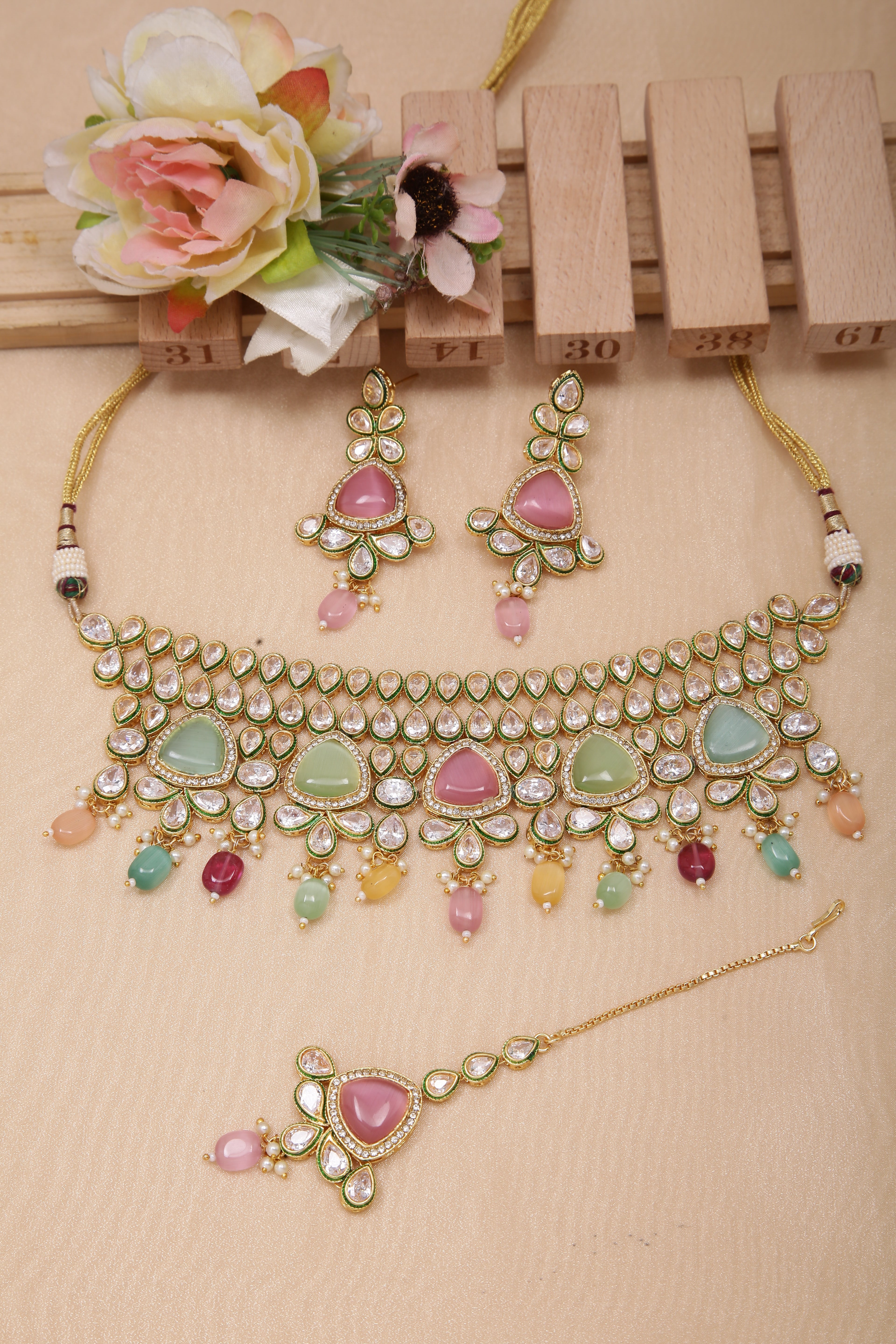 Luxury Gold Plated Royal Kundan Multi-Color Necklace & Earrings Set (D1126) - Perfect for Weddings, Parties & Special Occasions