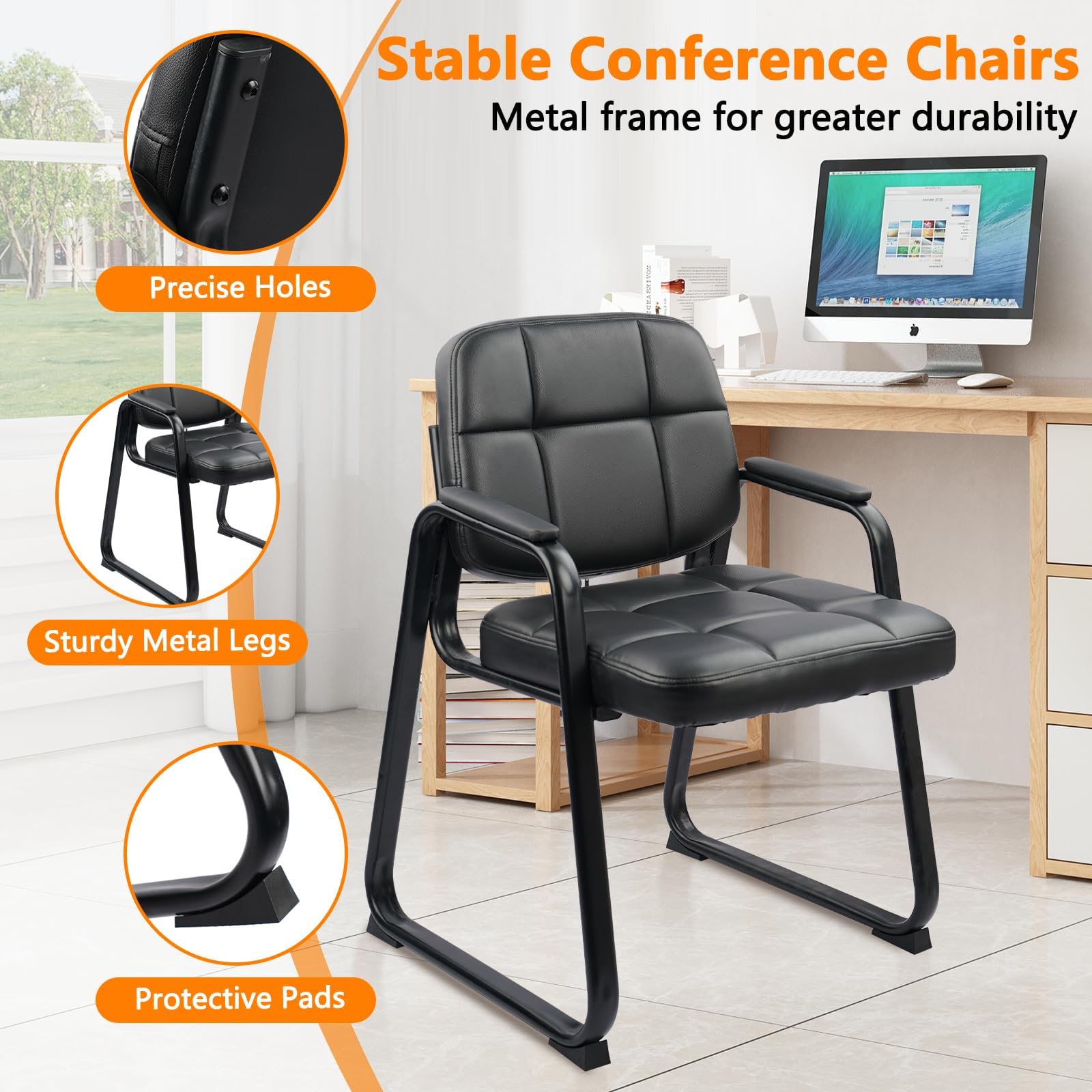 CLATINA 2-Pack Black Leather Waiting Room Chairs - Padded Arm Guest Chairs with Sled Base for Office Reception, Conference Rooms & Lobby Seating | Durable No-Wheels Design for Professional Spaces