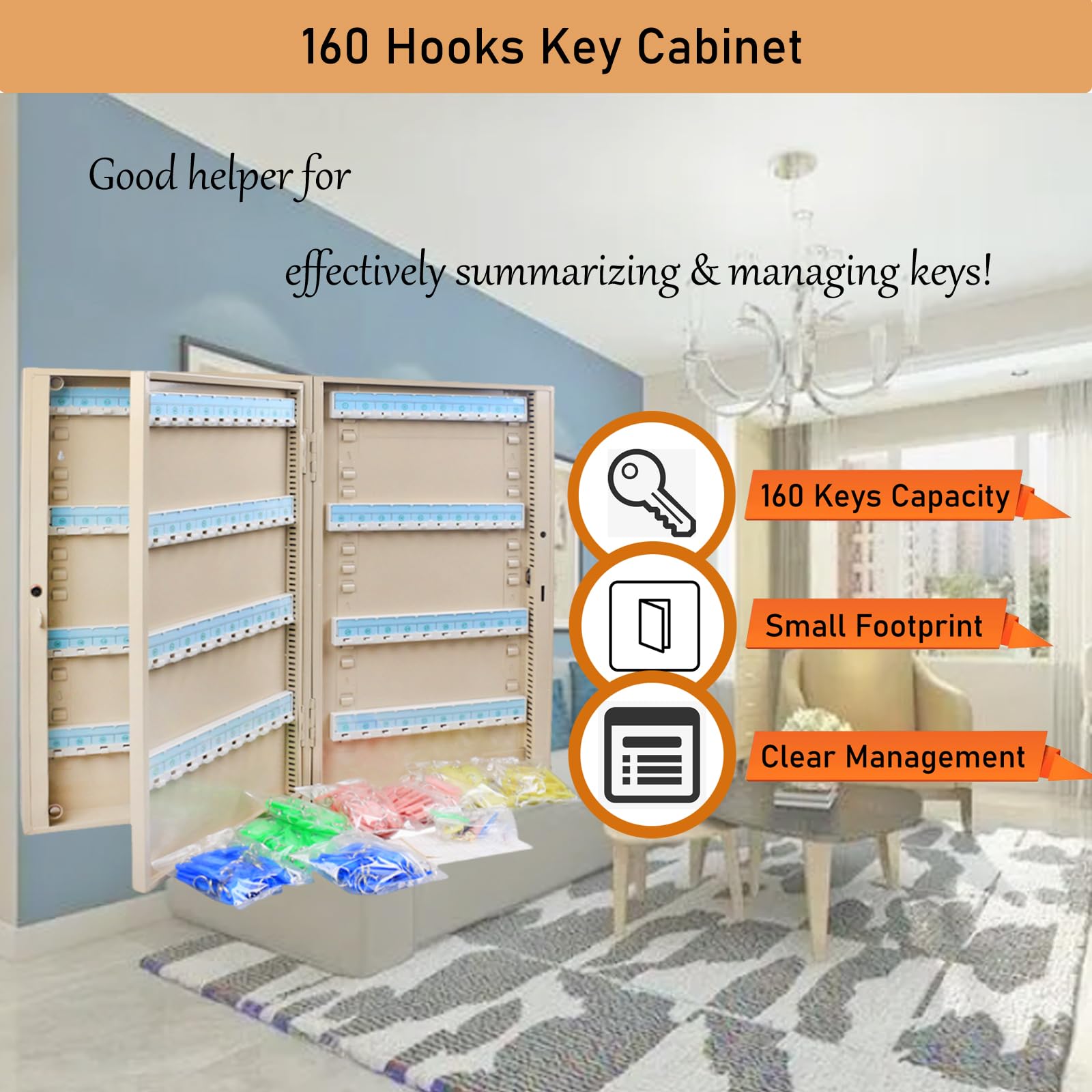 INTSUPERMAI 160 Keys Storage Box - Wall Mount Key Cabinet with Combination Lock, Key Holder Box & Storage Hooks for Home, Office, Hotel, and Apartment Organization