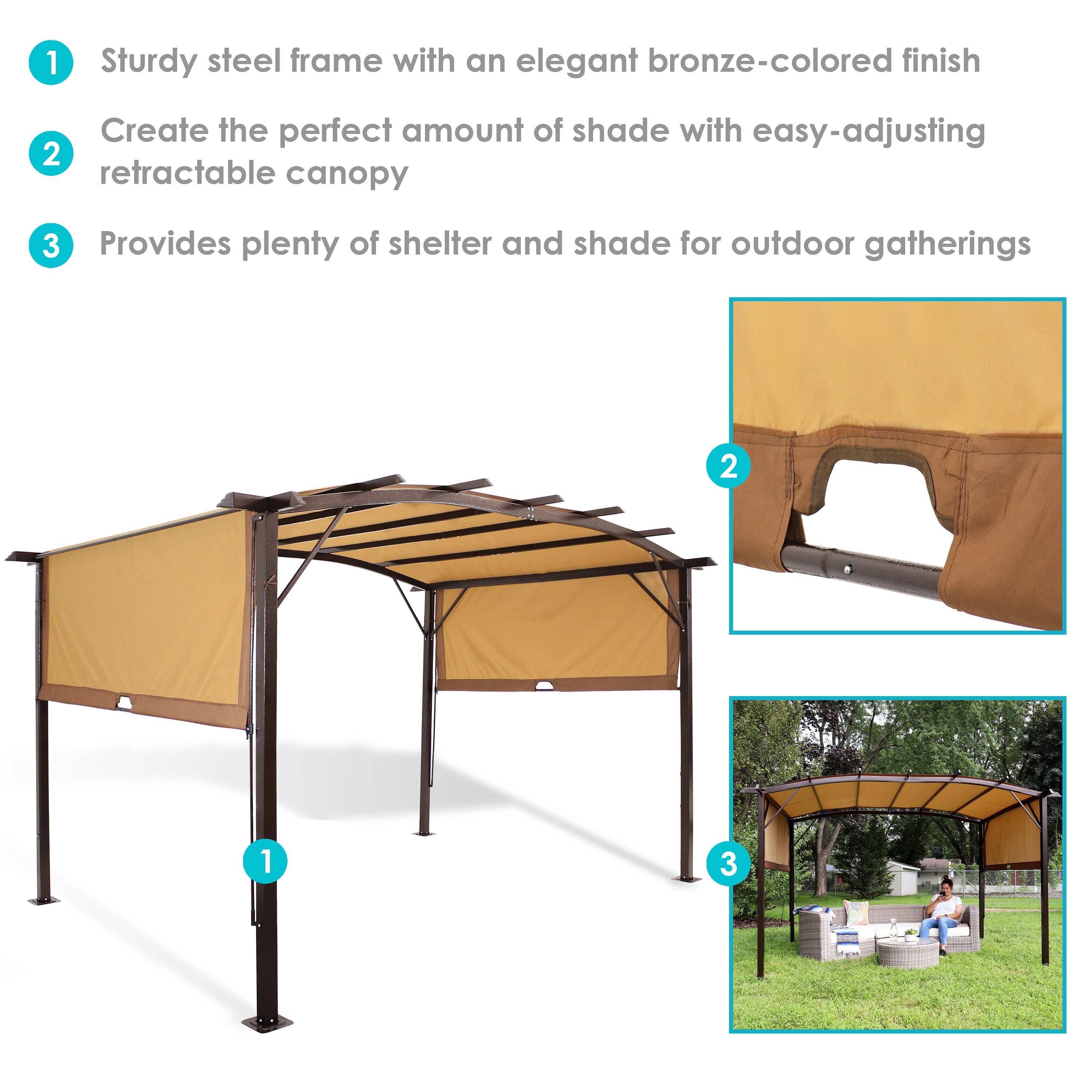 Sunnydaze 9' x 12' Metal Arched Pergola with Retractable Canopy - Outdoor Patio Garden Shade Cover for Backyard, Deck, and Poolside Relaxation
