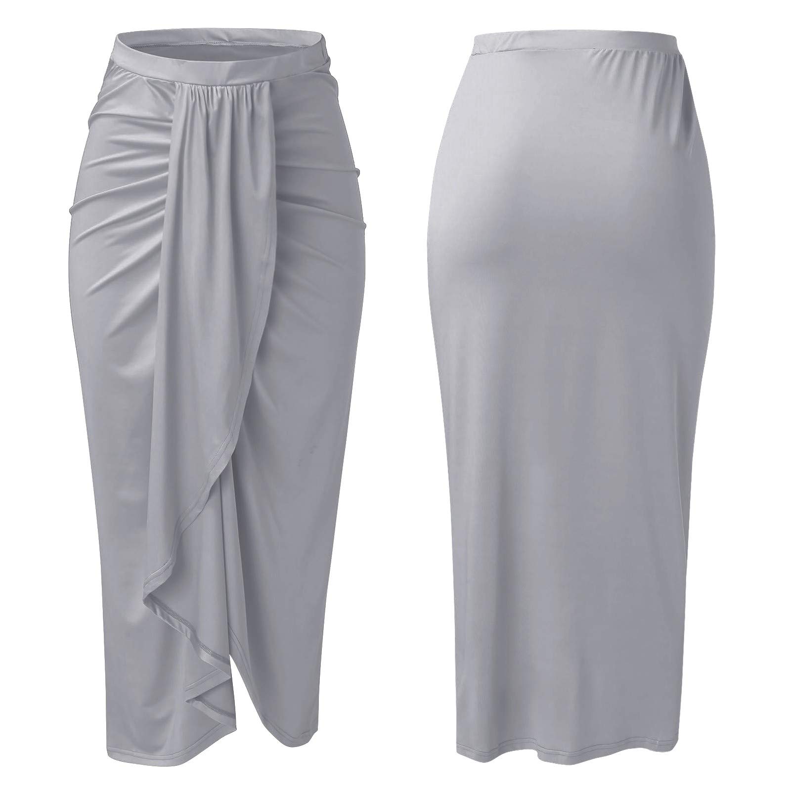 Women's Maxi Skirt with High Slit - Elastic Wrap Waist Asymmetrical Draped Casual Skirt in Solid Grey | Perfect for Summer Outfits, Beach Wear & Boho Fashion