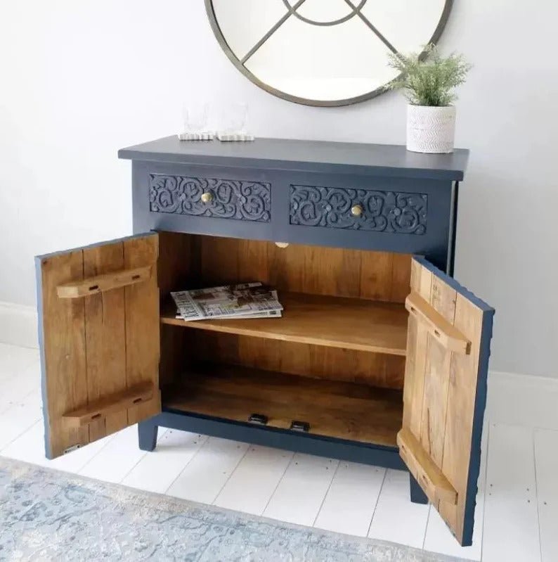 Hand Carved Wooden Storage Cabinet - Small Sideboard with Intricate Designs | Perfect for Living Room, Bedroom, or Entryway Organization
