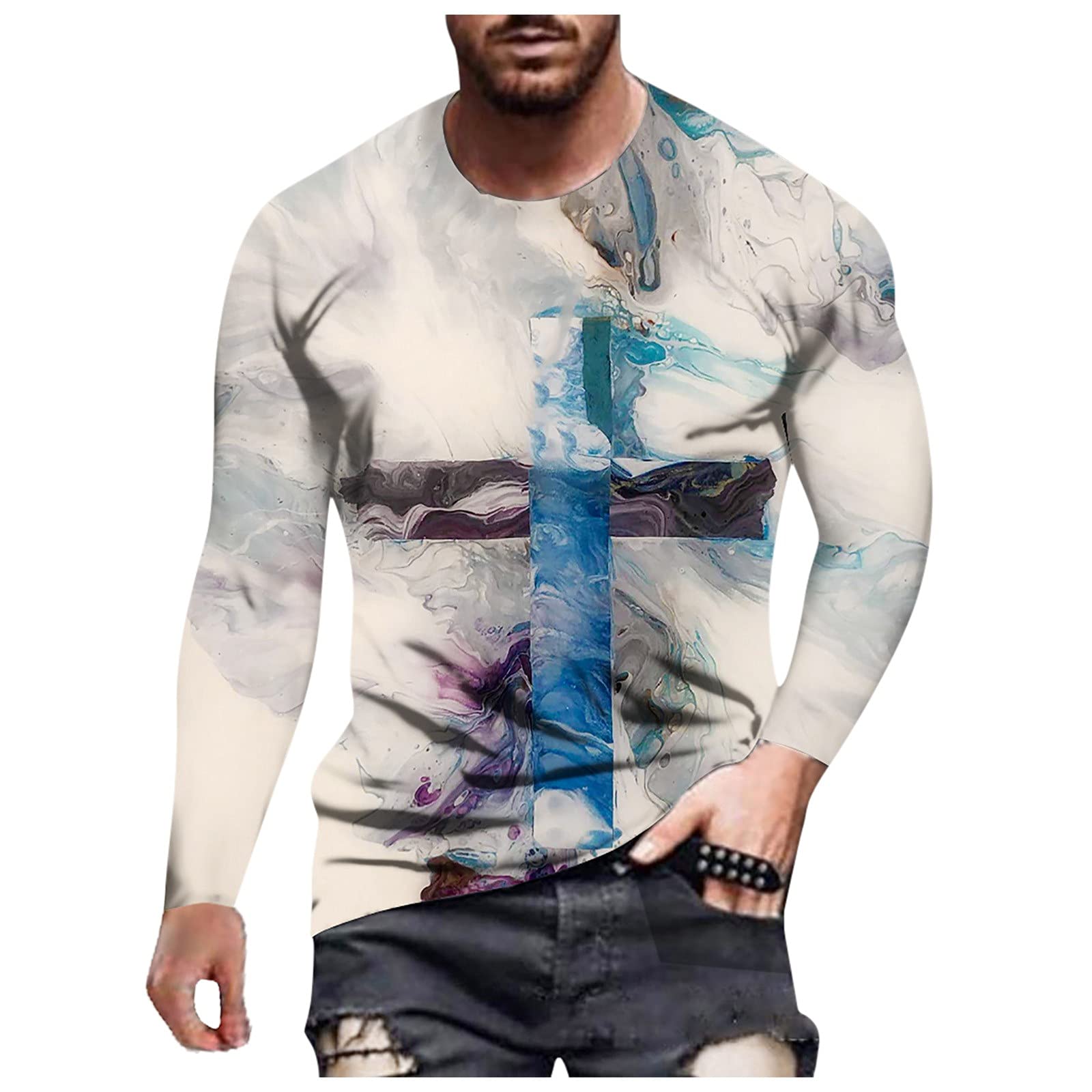 Stylish Men's Graphic Print Urban T-Shirt - Retro Streetwear Long Sleeve Crewneck Top for Hipster Fashion | Perfect for Casual Wear, Street Style & Urban Outfits