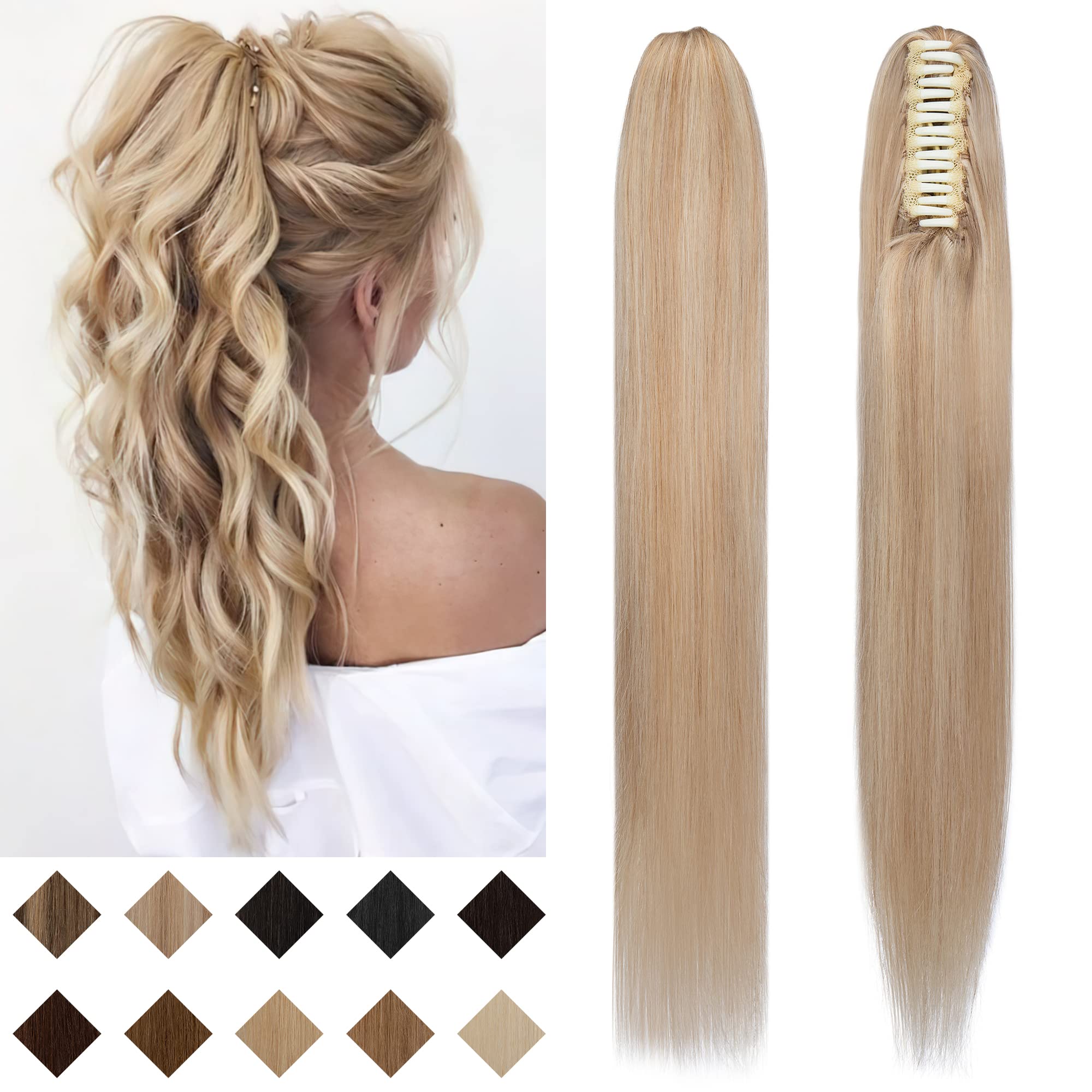 SEGO Clip-In Ponytail Extension - 14 Inch Real Human Hair Ponytail Extensions for Women (Ash Blonde & Bleach Blonde, 105g) | Long Straight Hairpiece for Everyday Wear, Parties & Special Occasions