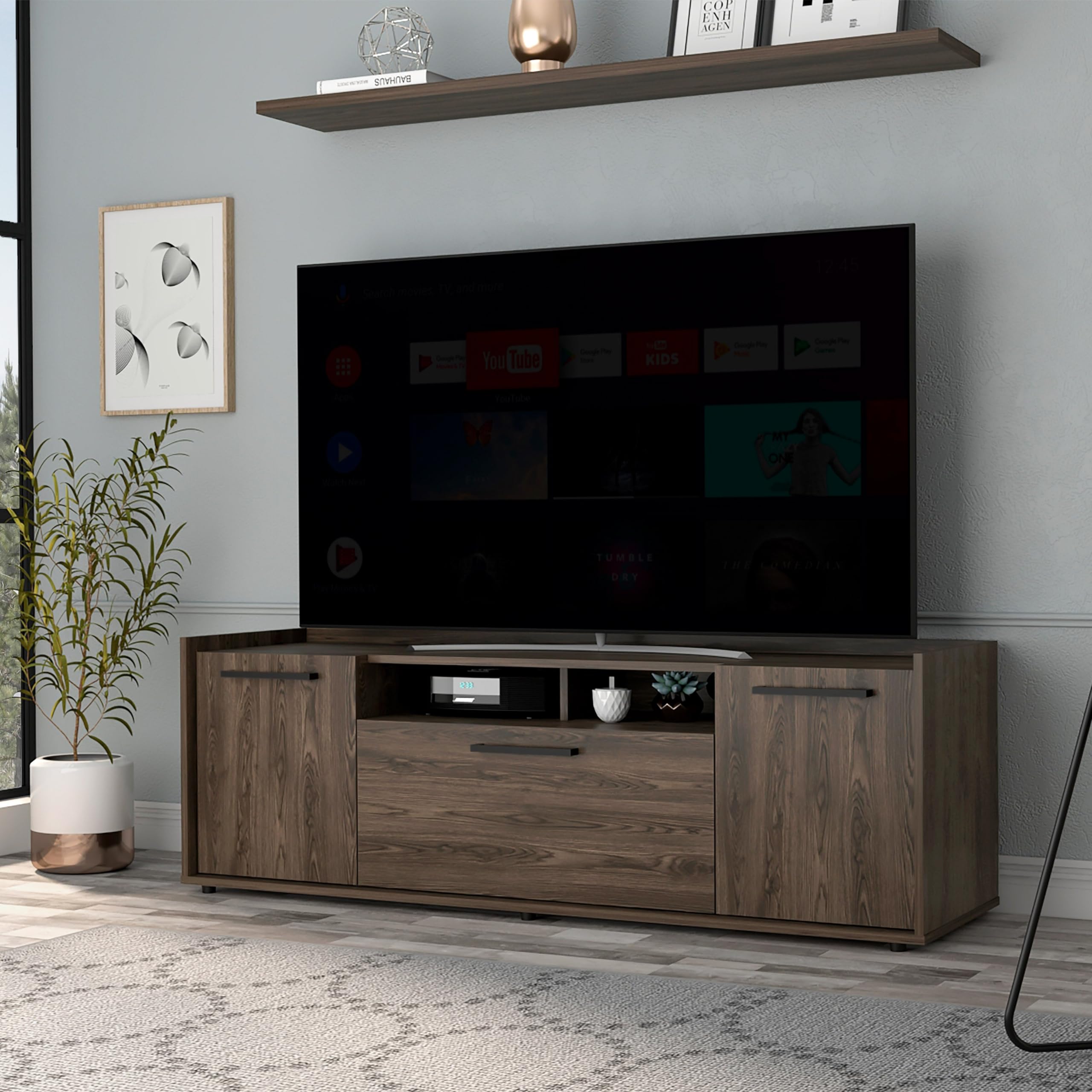 Tuhome Lyon TV Stand for TVs up to 55 Inches with One Cabinet and Double Doors in Dark Walnut - Perfect for Living Room, Bedroom, or Home Theater Setup