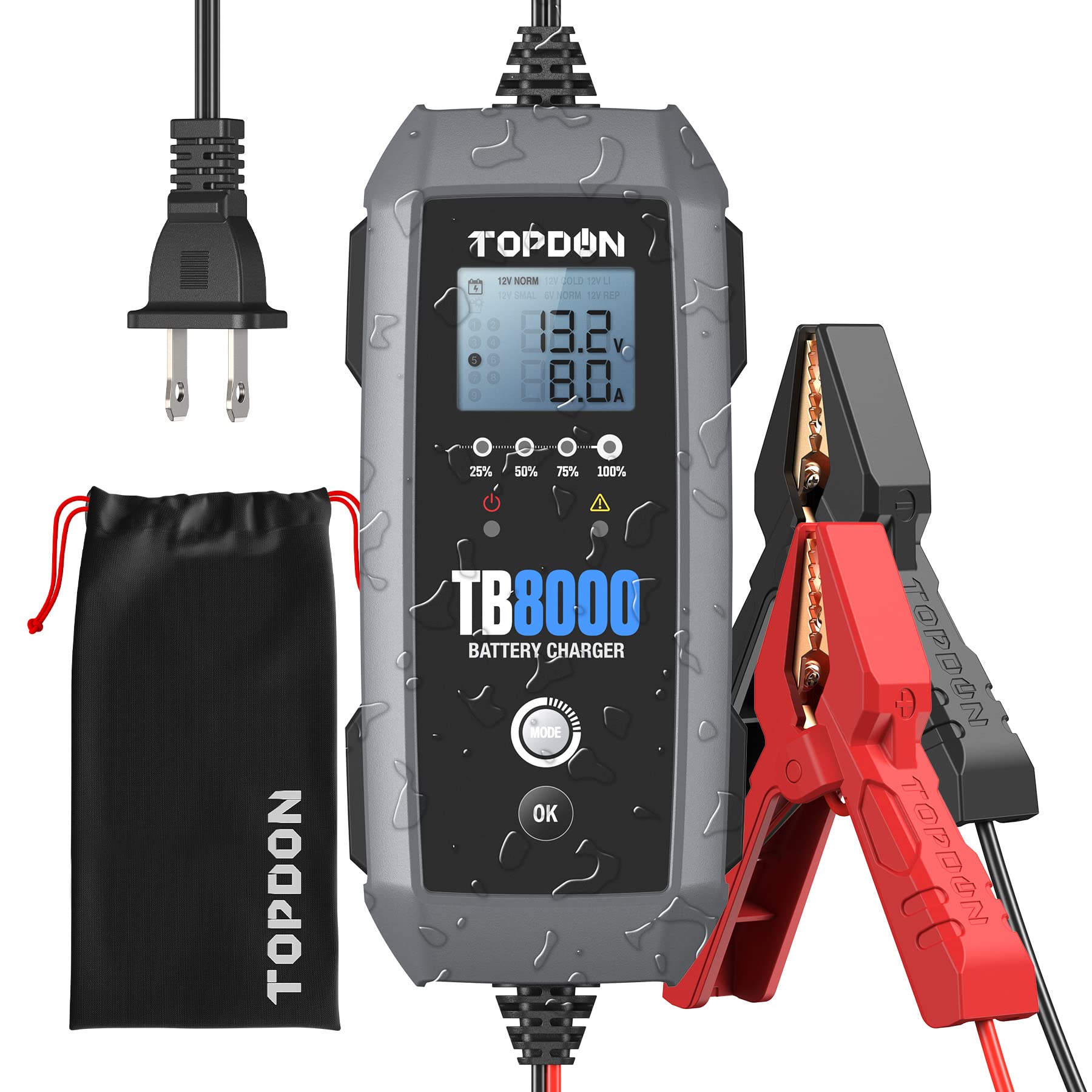 TOPDON TB8000 8A/3A/1A Smart Car Battery Charger & Maintainer - 12V/6V Automatic Charger for Lead-Acid, Lithium & LiFePO4 Batteries with Voltage Detection - Trickle Charger, Float Charger & Storage Bag Included - Perfect for Automotive, RV, Boat & Motorcycle Battery Maintenance