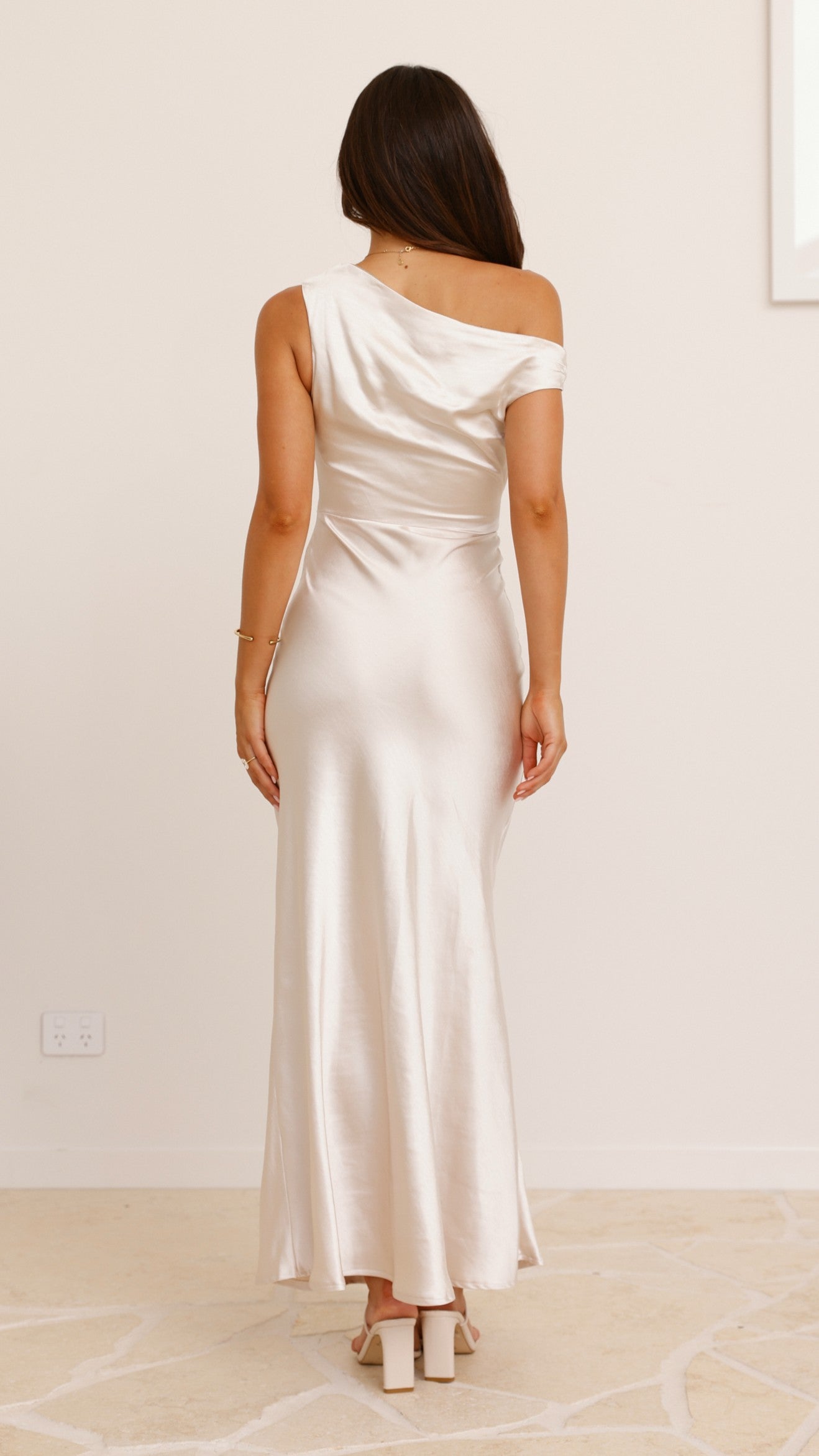 Auria Off Shoulder Maxi Dress in Champagne - Elegant Summer Beach Wedding Guest Dress for Women