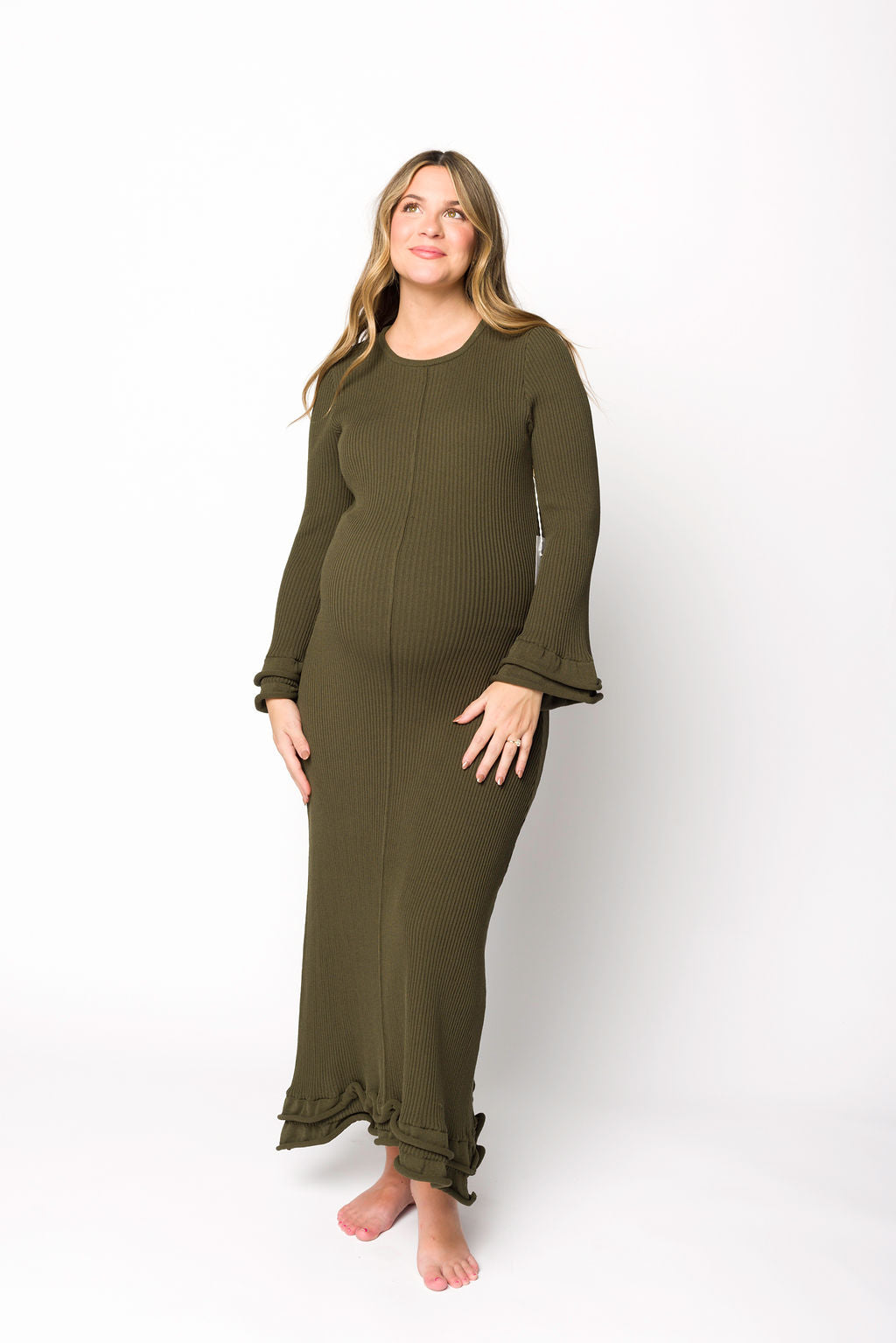 Arlet Olive Green Maternity Dress - Bump Friendly, Comfortable & Stylish for Pregnancy, Nursing, and Special Occasions
