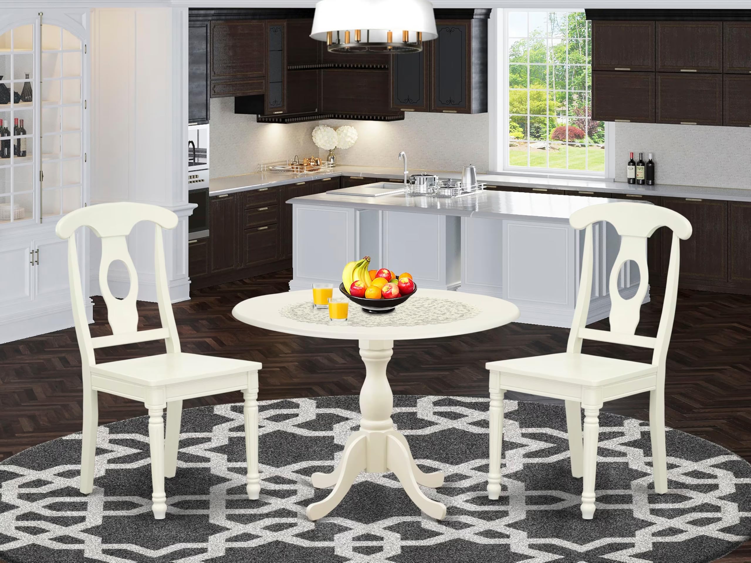 East West Furniture DMKE3-LWH-W 3-Piece Modern Dining Room Set - Round Wooden Drop Leaf Table & 2 Upholstered Chairs, 42x42 Inch, Linen White - Perfect for Small Spaces, Breakfast Nooks & Cozy Kitchen Dining Areas