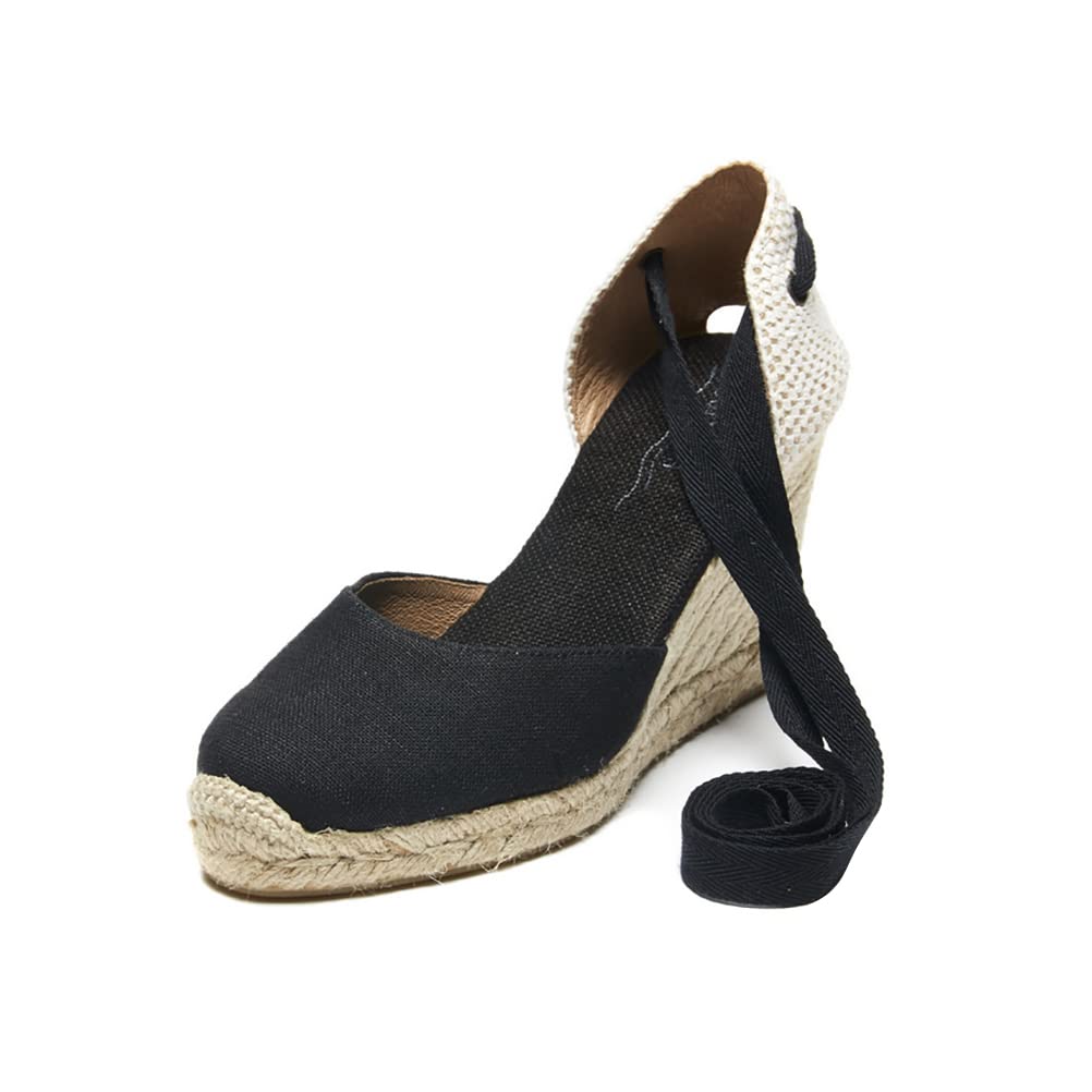 Women's Closed Toe Wedge Sandals - Platform Espadrilles with Ankle Wrap & Lace Up Design - Dressy Heel Cross Slingback Shoes for Summer (Black/White/Red, Sizes US3-12) - Perfect for Beach, Vacation, and Casual Outings