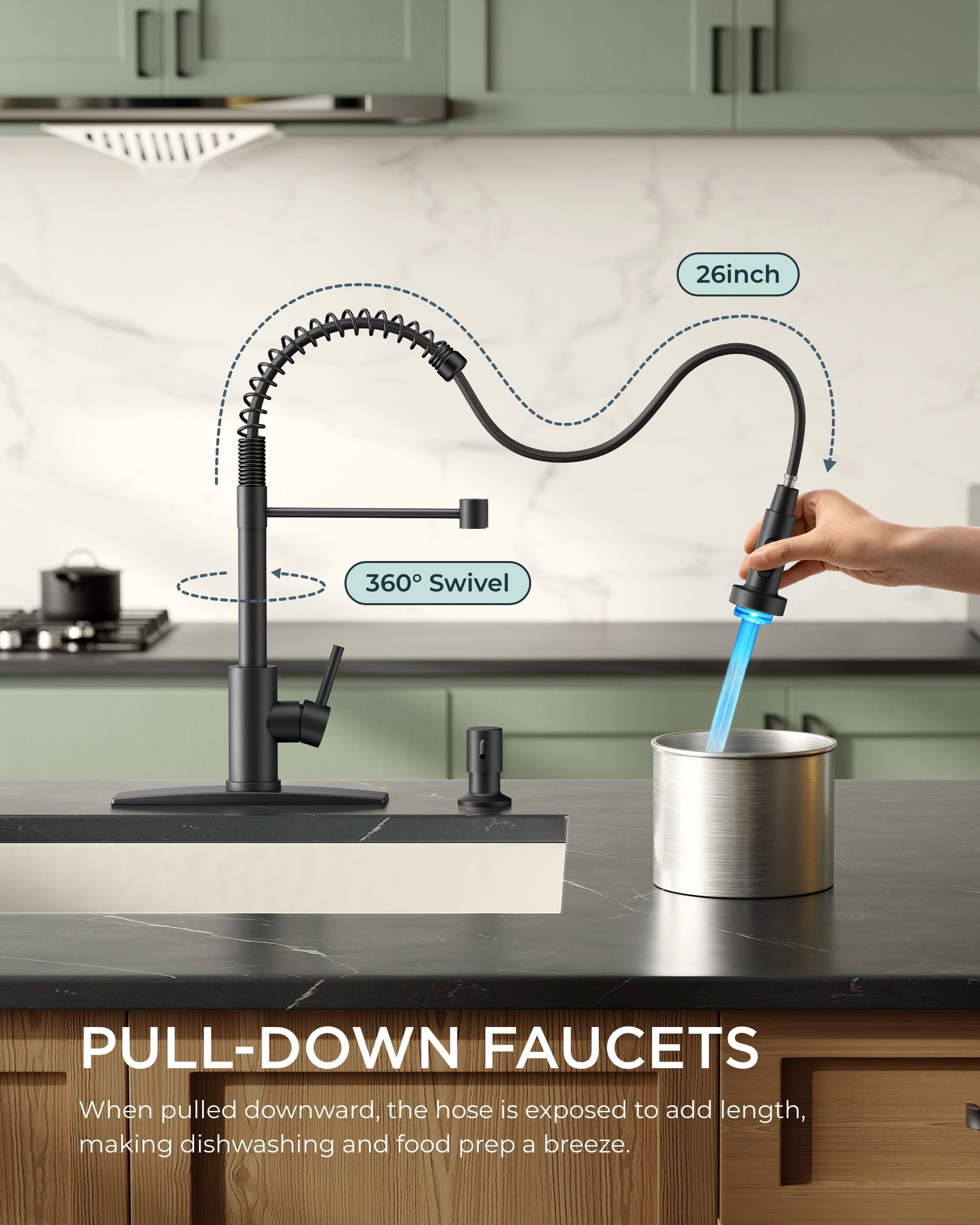 FORIOUS Black LED Kitchen Faucet with Pull Down Sprayer - Modern Stainless Steel for Farmhouse & RV