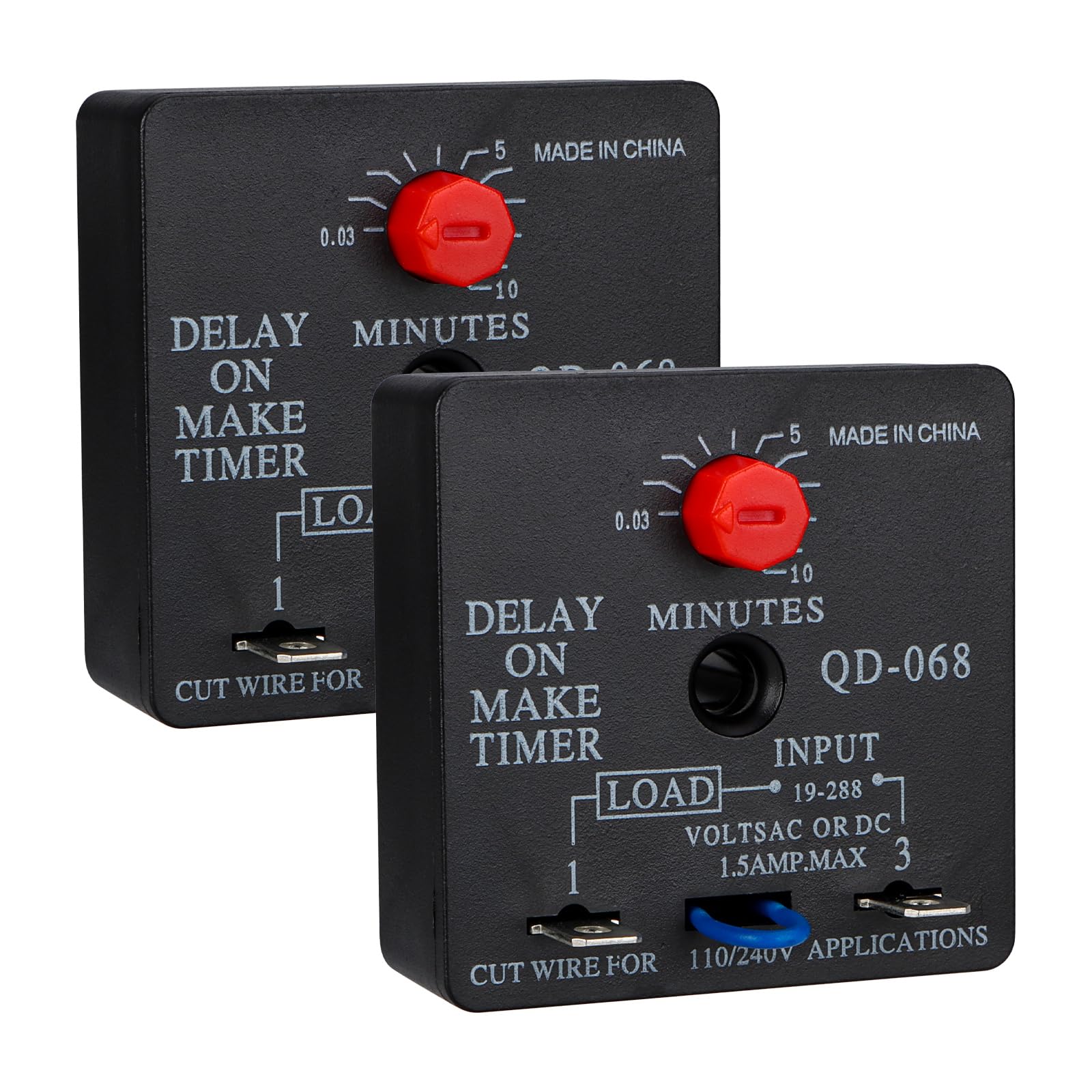 2Pcs Adjustable Delay On Make Timer QD-068 (0.03-10 Min, 19-288V AC/DC) - Perfect for Industrial Automation, HVAC Systems & Electrical Control Panels